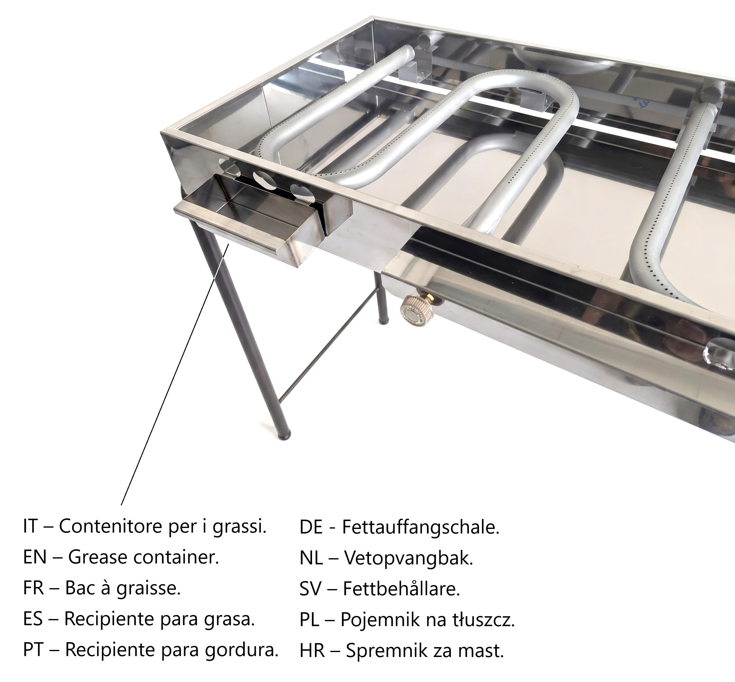 Yelloo - Parrilla Inoxline 1000 100x60 cm con placa lisa de acero inoxidable AISI430, BBQ barbacoa de gas con dos quemadores