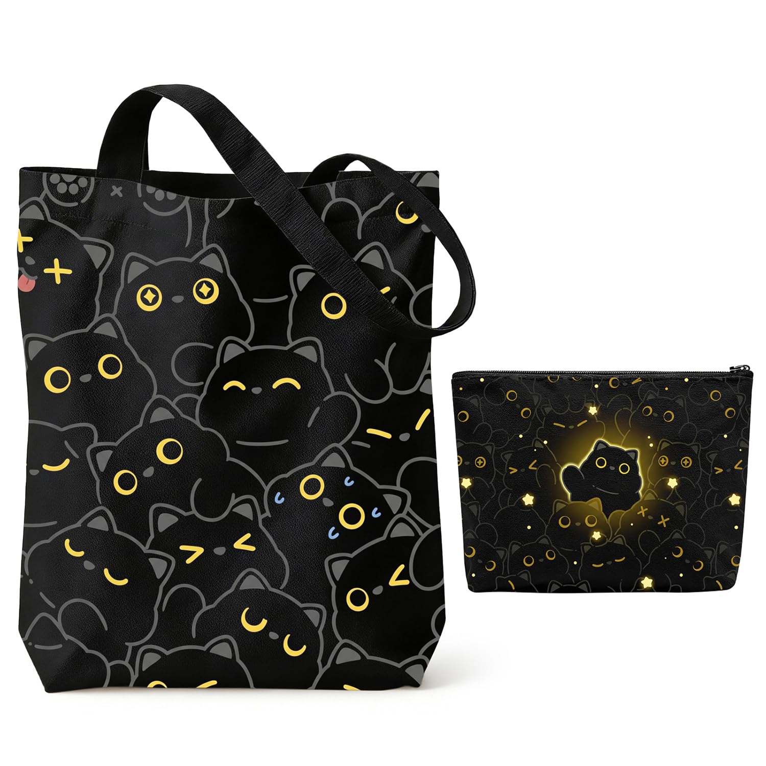 Black Cat Tote Bag with Makeup Bag, Cute Cat Canvas Tote Bag, Cartoon Black Coal Ball Cosmetic Bag, Black Cats Gifts for Women, Reusable Storage Bags for School, Work, Travel and Grocery