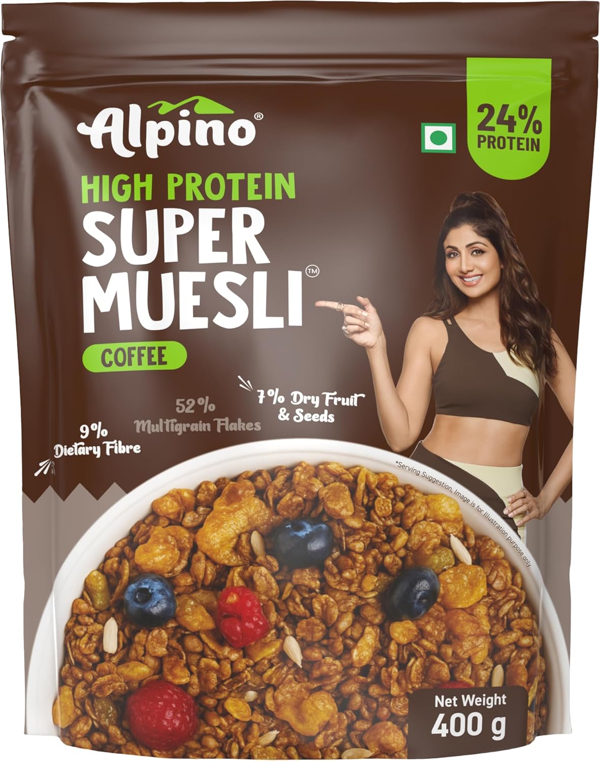 ALPINO High Protein Super Muesli Cold Coffee 400g – Multigrain Flakes & Rolled Oats, Soya Protein, Nuts & Seeds, Coffee Extract – 24% Protein, Source of Dietary Fibre & Healthy Fats