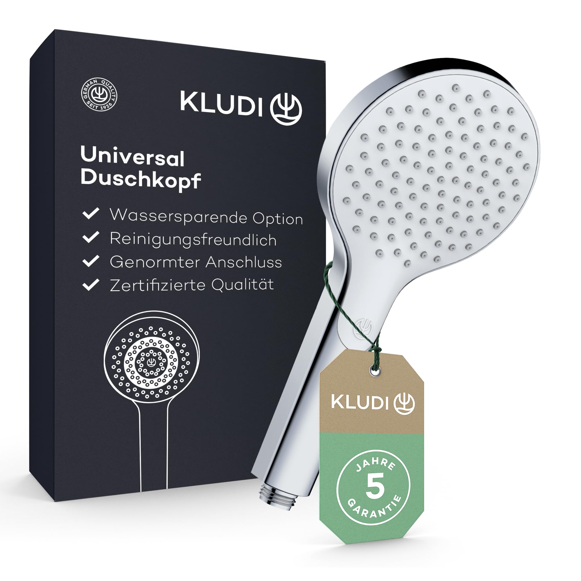 KLUDI -X3 uniwersalna słuchawka prysznicowa oszczędzająca wodę, 1 rodzaj strumienia, łatwa w czyszczeniu głowica prysznicowa Ø 11,7 cm, głowica prysznicowa (standardowa 15 l/m, opcjonalnie 9 l/min