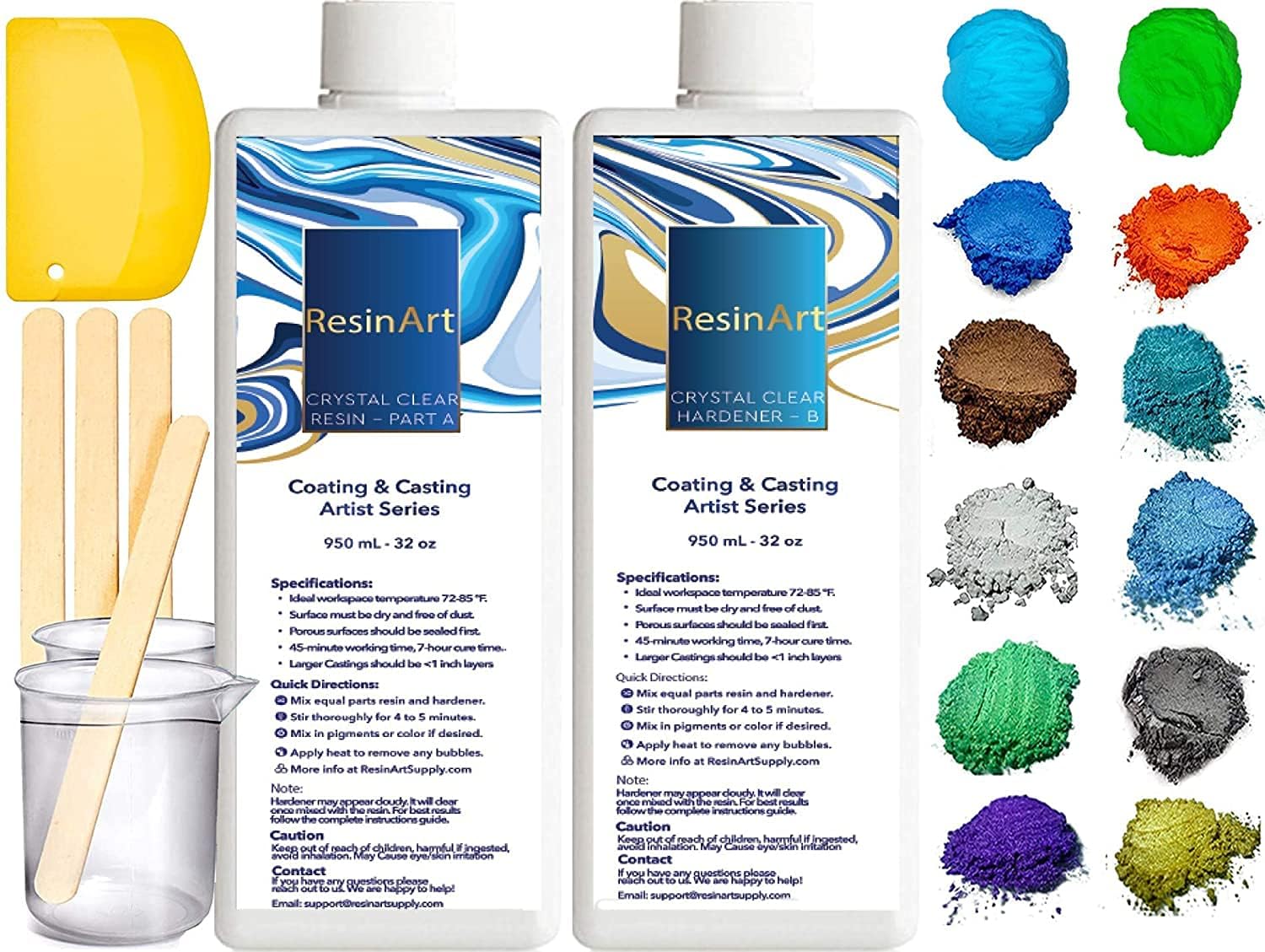 Epoxy Resin AB Part - 64oz Crystal Clear Resin Kit for Art Craft Resin Jewelry Making River Tables Casting and Coating 10 Mica Pigments, 2 Glow in The Dark Colors, 3 Accessories