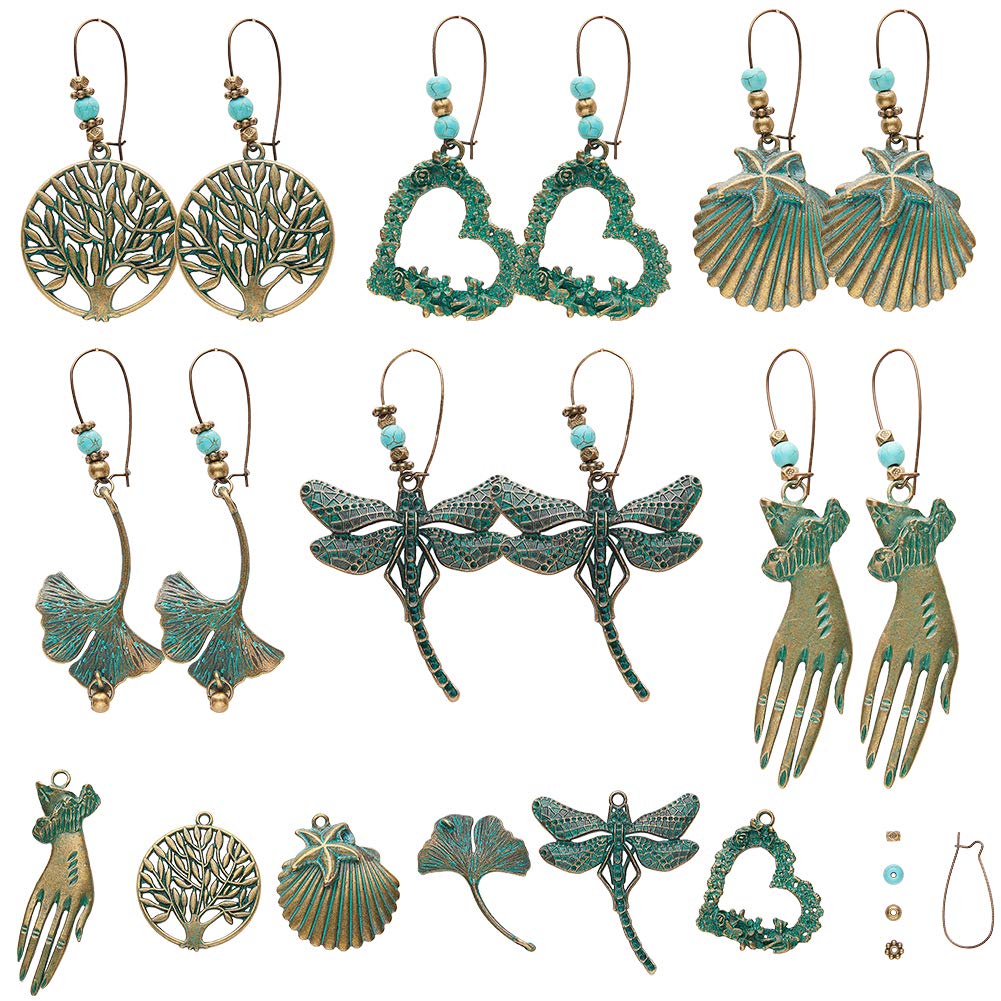 SUNNYCLUE 1 Bag 6 Pairs DIY Tibetan Style Earring Making Kit Large Antique Bronze Tone Turquoise Green Patina Charms Bohemian Metal Findings with Tree of Life Charms Synthetic Turquoise Charms