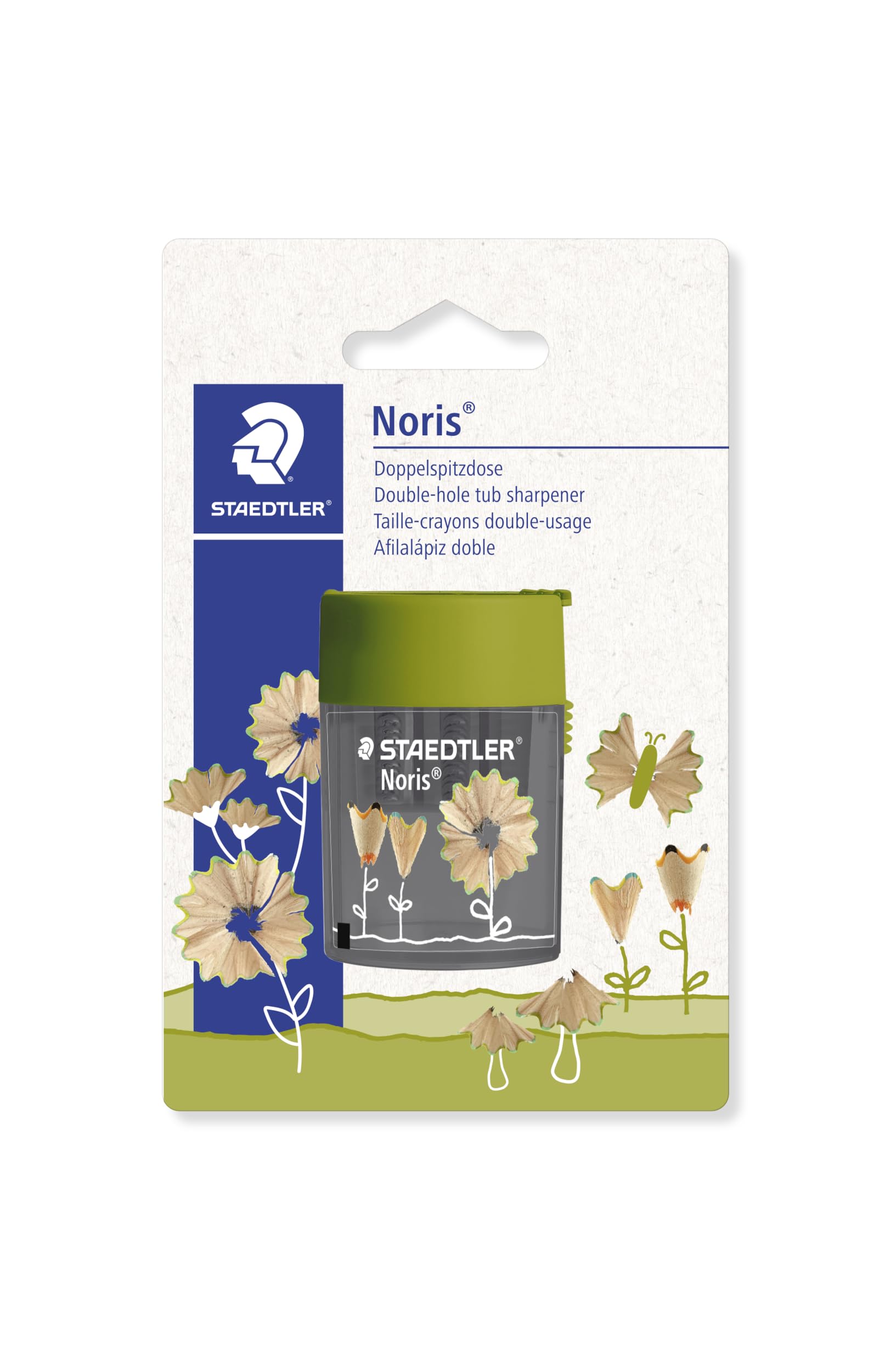 STAEDTLER Pencil Sharpener Double-Hole Tub for Graphite & Colouring Pencils - Noris - Flower Design - Pack of 1, 512 004BK