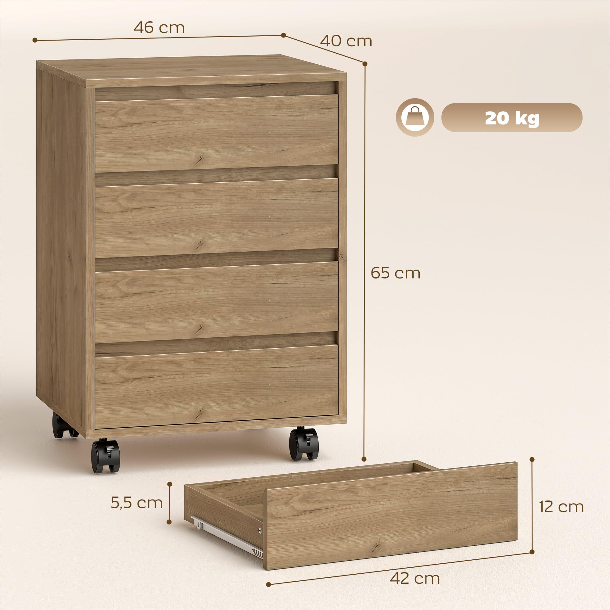HOMCOM Cassettiera da ufficio con 4 cassetti Cassettiera da scrivania con ruote Scaffale mobile per studio 46x40x65 cm Marrone