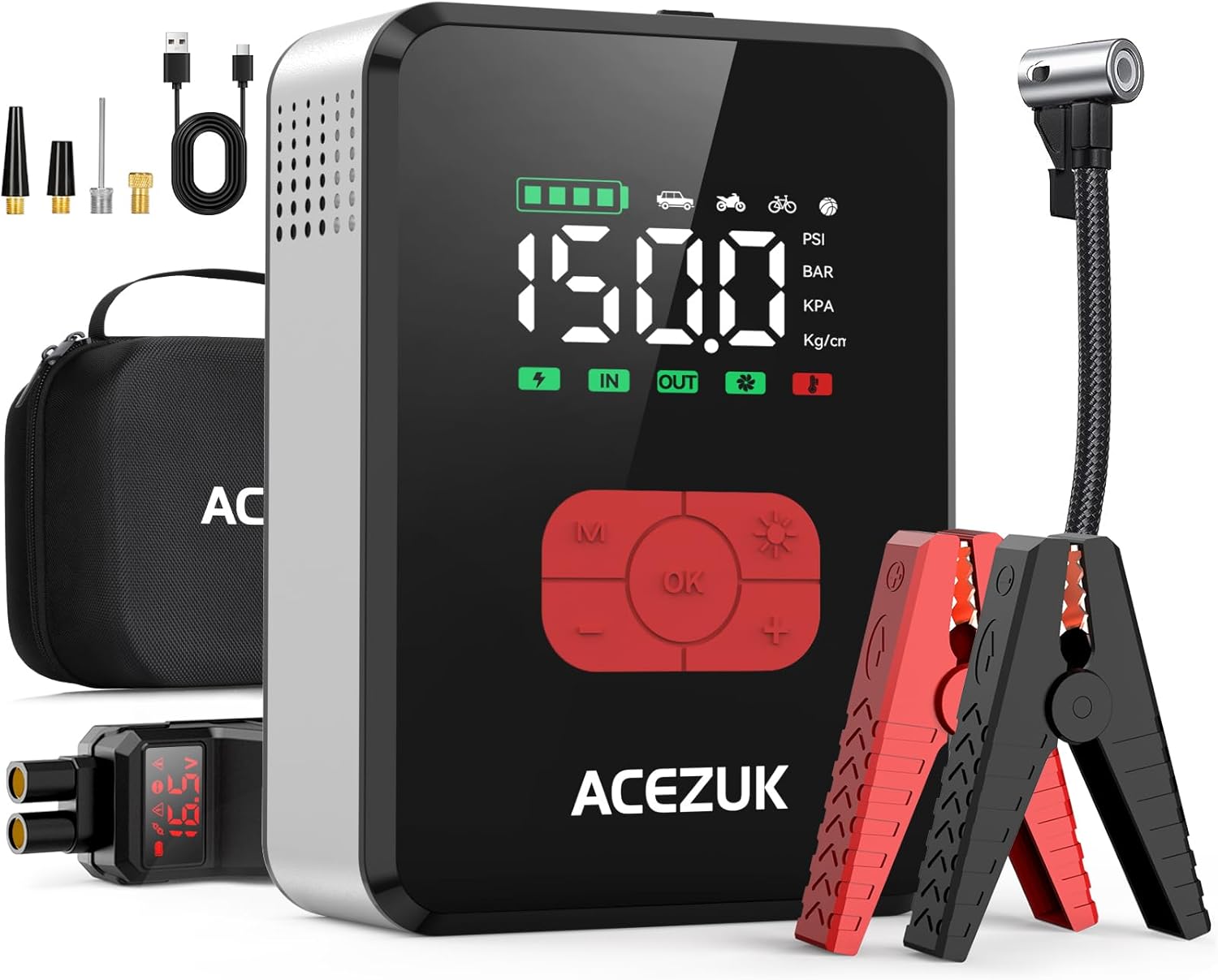 Contents of ACEZUK M06 package including jump starter, cables, nozzles, and case