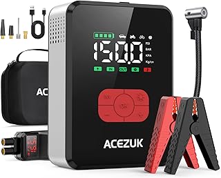Jump Starter with Air Compressor, 8000A 150PSI Portable Car Jump Starter, 12V Jump Start Pack (All Gas/12L Diesel),Portable Car Jump Starter with Smart Jump Cables, LED Lights