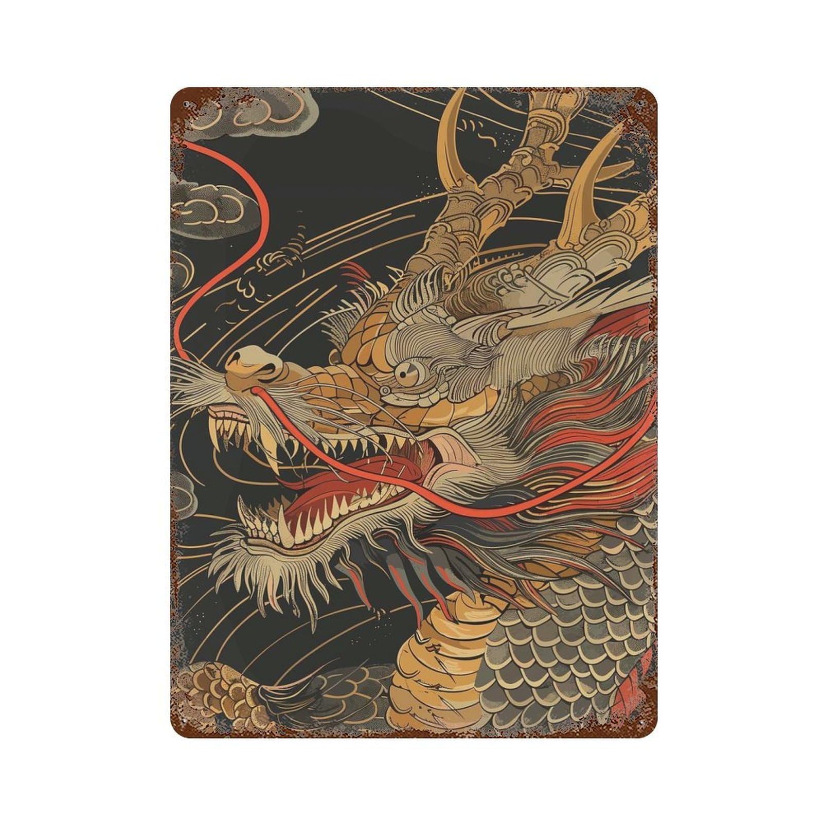 Japan Dragon 15.7"x11.8" Rustic Tin Plaque, Novelty Wall Decor for Living Room, Hallway And Home Decor