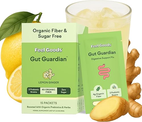 Feel Goods Gut Guardian, fibra orgánica, polvo probiótico y prebiótico, sin azúcar, hierbas para la hinchazón, apoyo a la salud intestinal, salud
