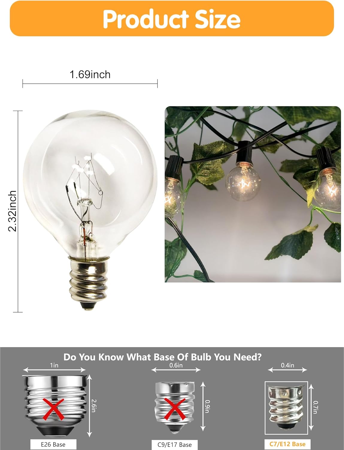 G40 Replacement Bulbs,Globe Clear Screw Base Replacement Outdoor Light Bulbs,UL Listed for Indoor/Outdoor,1.5-Inch,5Watts/110V/E12 Base,25 Pack