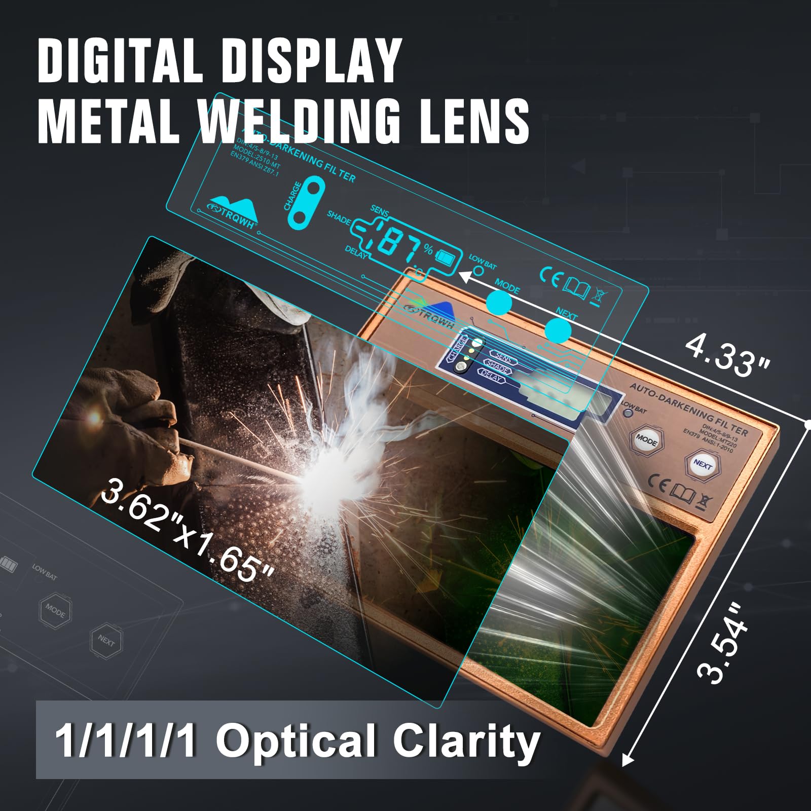 TRQWH Lente de soldadura de metal de 4.3 x 3.54 pulgadas, oscurecimiento automático, tecnología de color real, pantalla digital, lente de casco de soldadura, rango de sombra ajustable 4/5-13, lente de