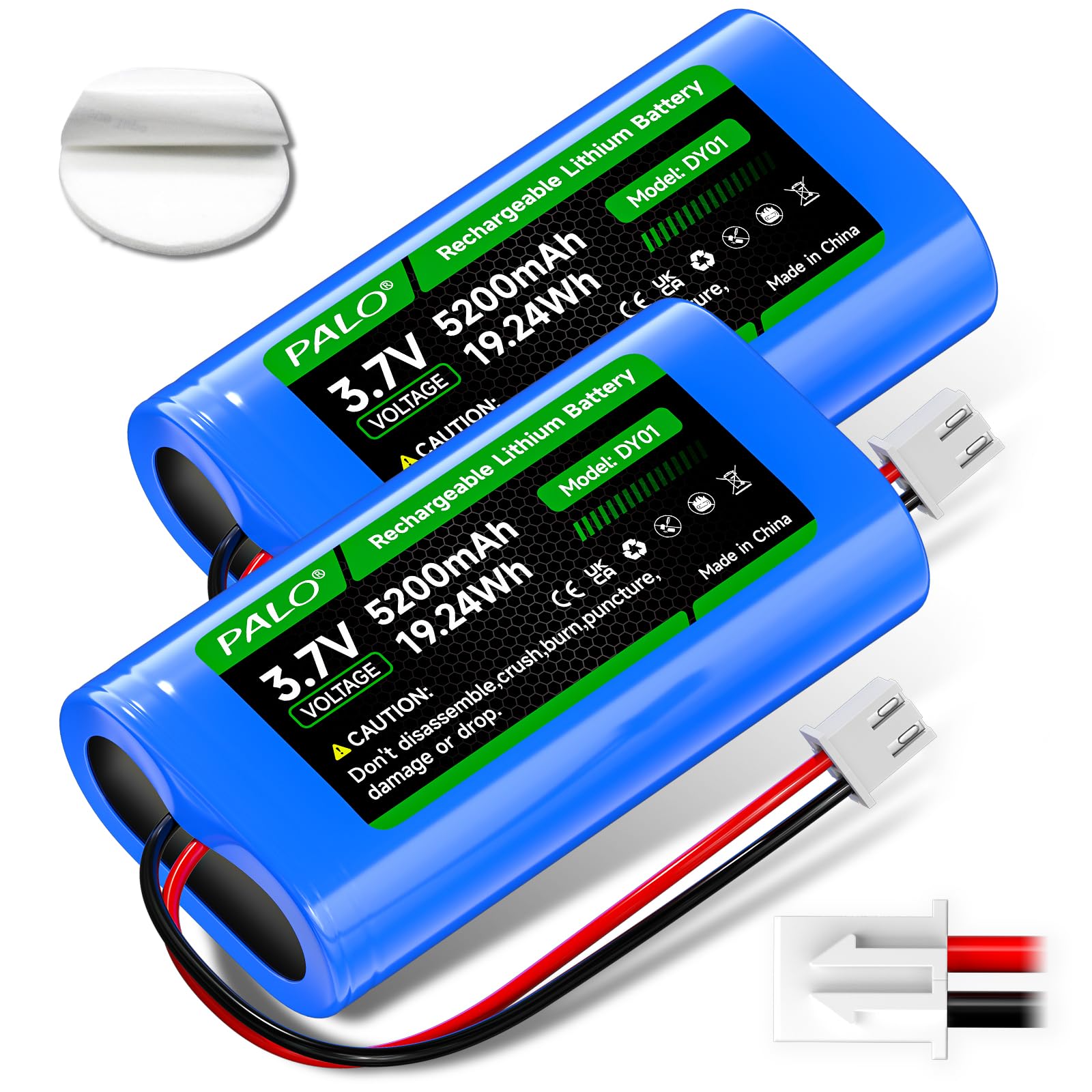 3.7V 5200mAh XH2.54/2P Batteria Connettore, Batterie Litio Riutilizzabili 2 Pezzi per Auto Giocattolo RC, Telecamera Wireless Solare, Altoparlante Wireless, Luce a Led Esterna