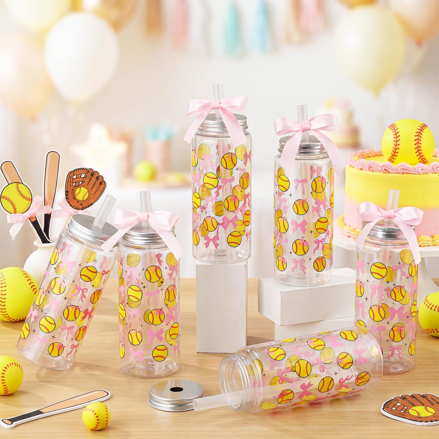 LemonRoad 12 Pcs Softball Cups Bulk Plastic Tumbler with Lids and Straws 14.2 oz Twist Bows Reusable Plastic Drinking Cups Softball Gifts for Team Fan Birthday Sports Themed Party Favors Decorations