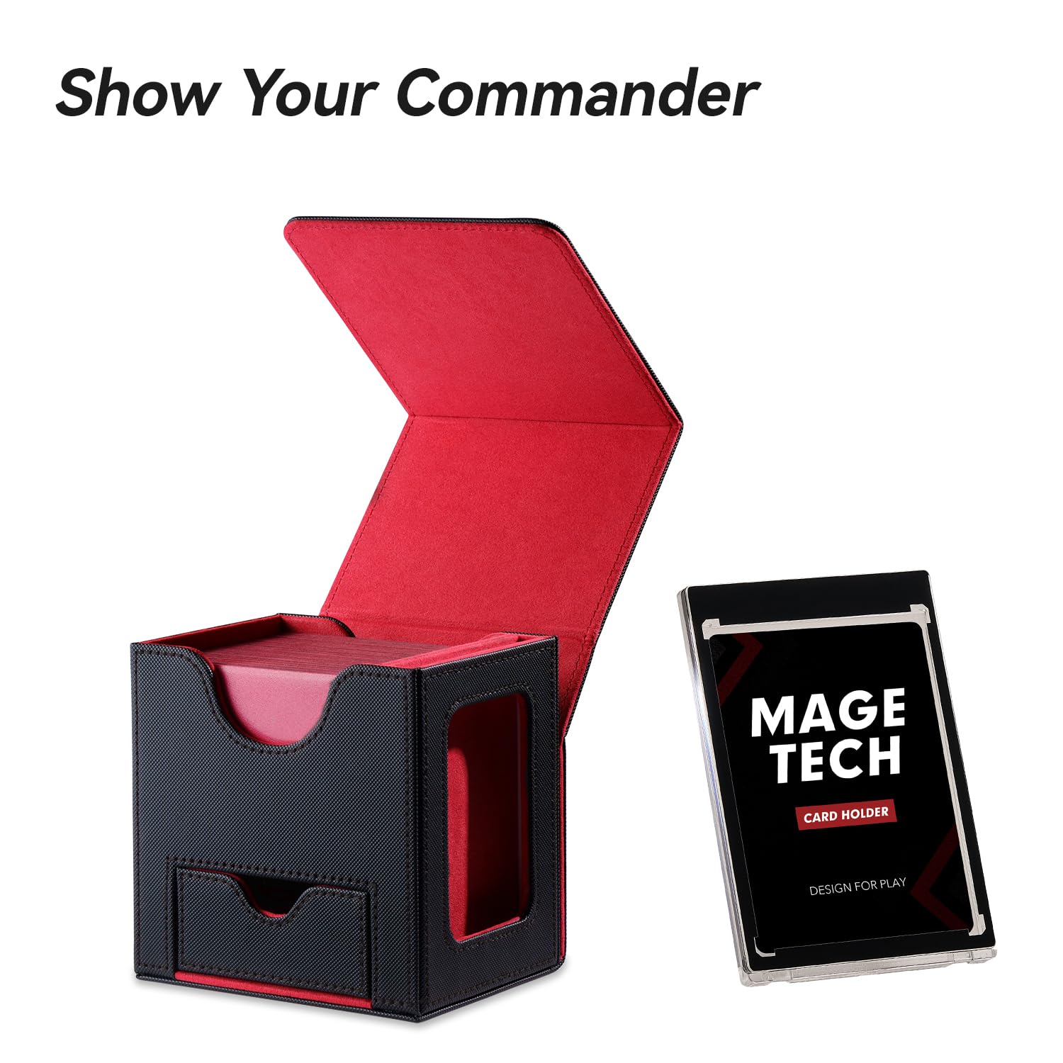 Mage Tech Pudełko na karty do MTG Commander - opatentowany design, gniazdo dowódcy, pasuje do 100 kart z podwójnym rękawem, 35-punktowa taca na karty i kości - skóra