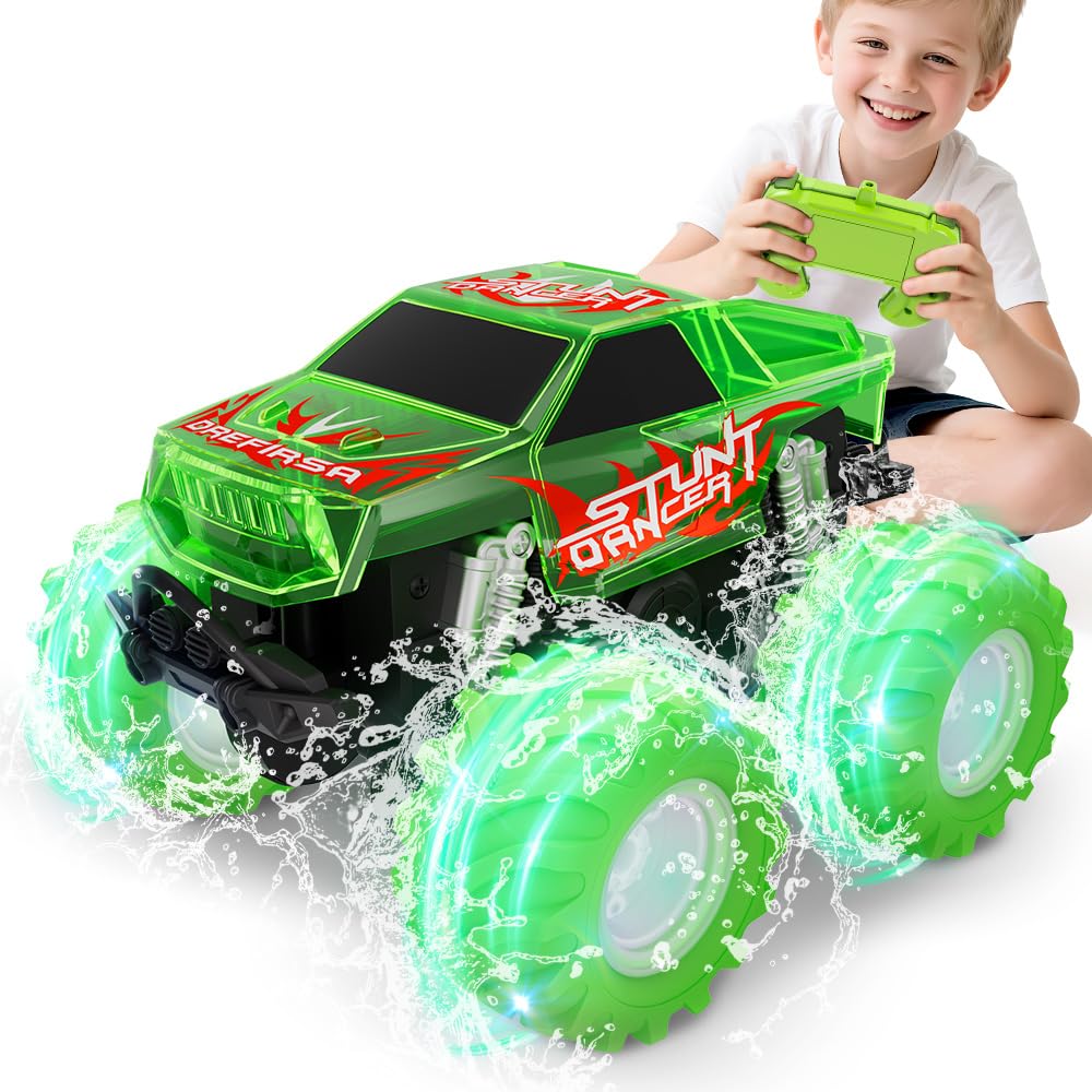 Amphibious Monster Truck Toy, Waterproof Remote Control Car, 4WD Off-Road RC Truck with Colorful Light, RC Stunt Car Toy for 4-7 8-12 Year Boy Birthday Gift Present