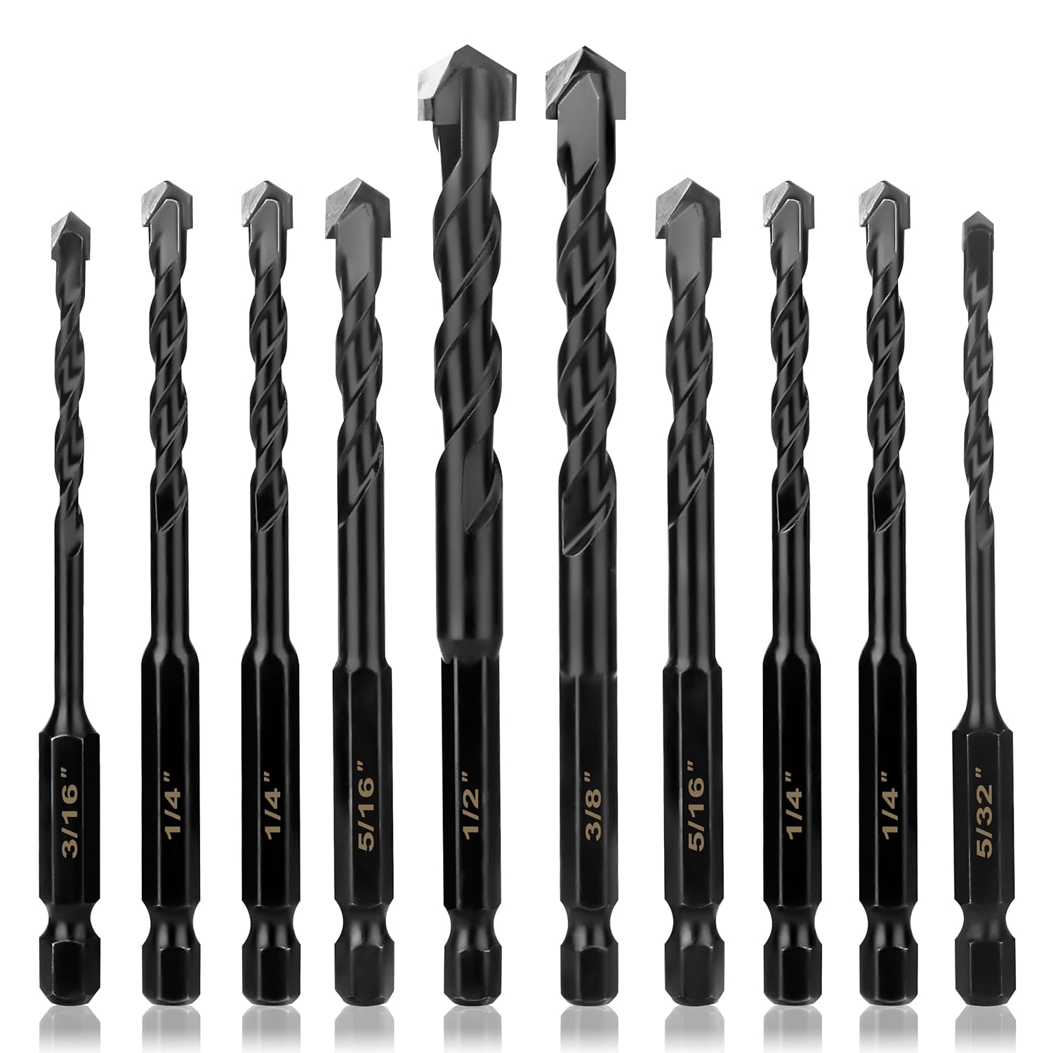 10Pcs Masonry Drill Bits Kit for Concrete, Stone, Carbide Drill Bit Set for Glass, Brick, Tile, Plastic, Ceramic and Wood Size 5/32 to 1/2 inch