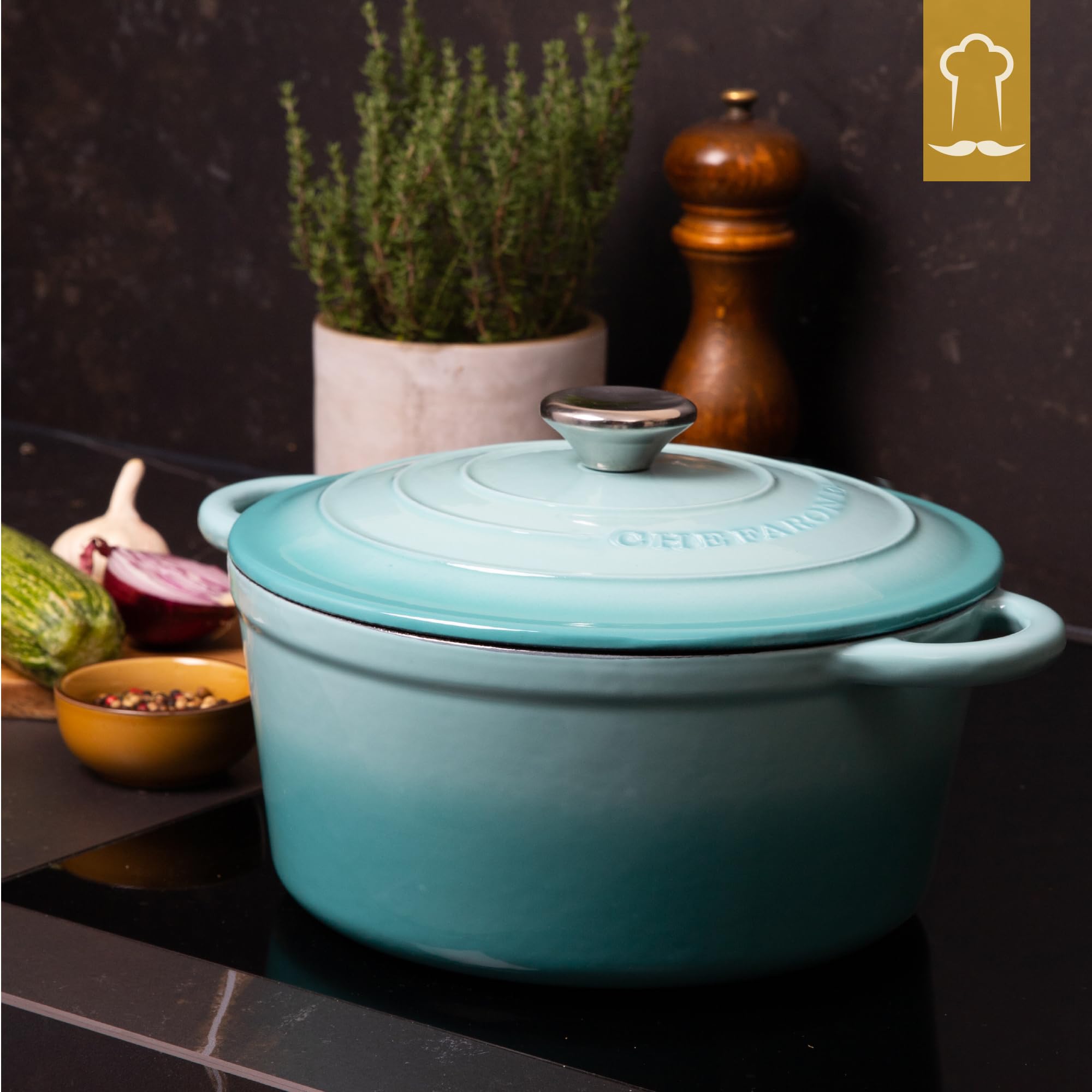 Chefarone Cocotte en Fonte Émaillée 26 cm (4,7 L) – Marmite avec Couvercle Compatible Induction et Four – Fonte de Qualité Supérieure – Idéale pour Pain, Ragoûts, Rôtis et Plats mijotés