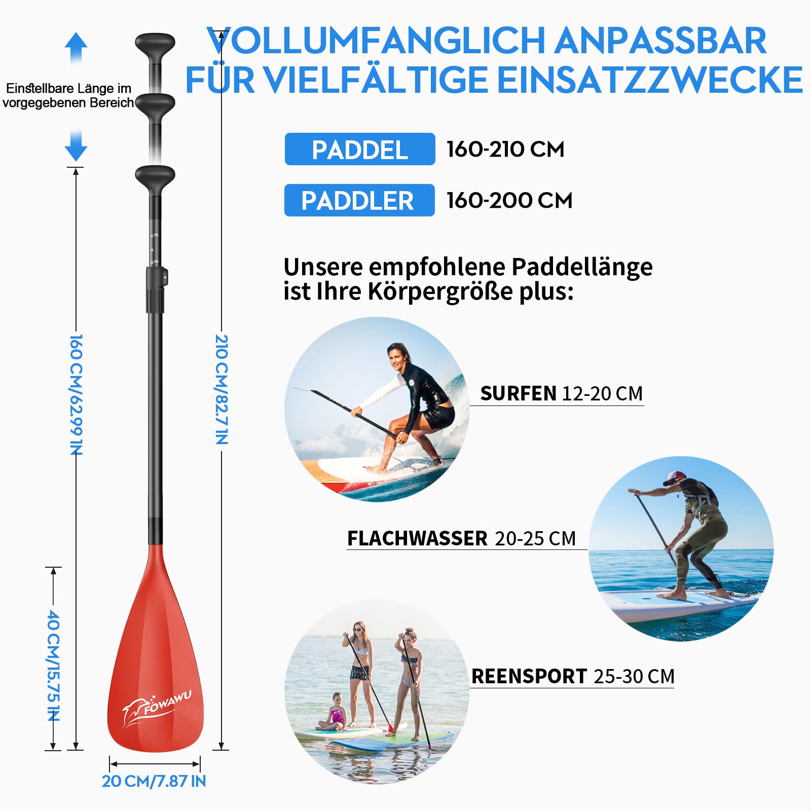 FOWAWU SUP Paddel Aluminium, 3teilig Stand Up Paddel verstellbar 160-210 cm, sehr leicht 804g paddel für Stand-up Paddling Surfboard Bootfahren Kanusport