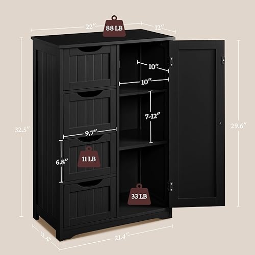 Miniatura 3 de Yaheetech Armario organizador de madera para el suelo del baño/lateral con 4 cajones y 1 armario, unidad de almacenamiento de entrada independiente