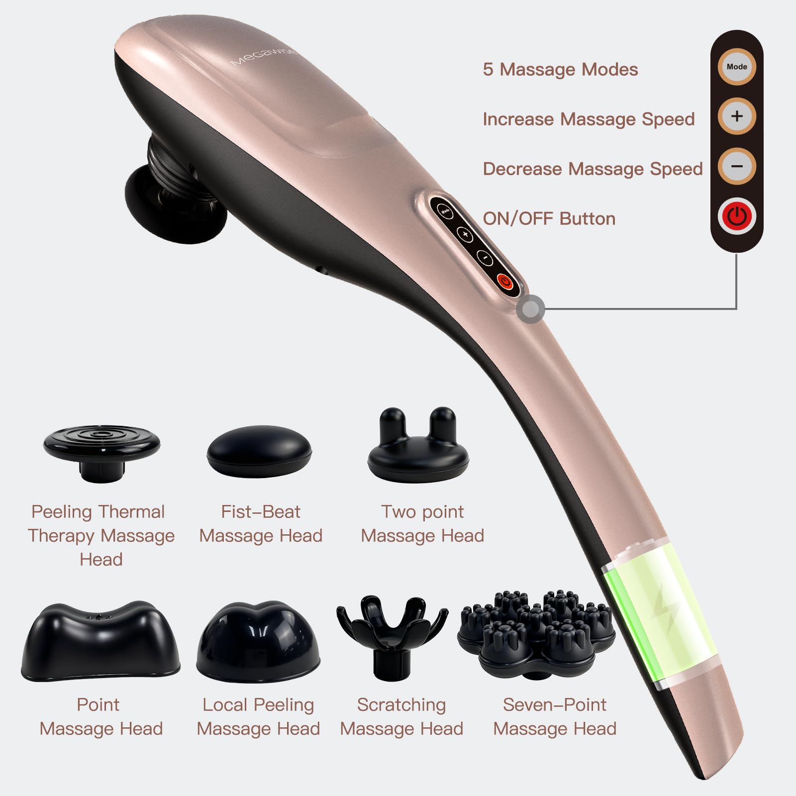 MEGAWISE Handheld Rückenmassagegerät | Tiefengewebe Percussion Massage für Rücken, Nacken, Schultern, Taille und Beine (schnurlos, Roségold)
