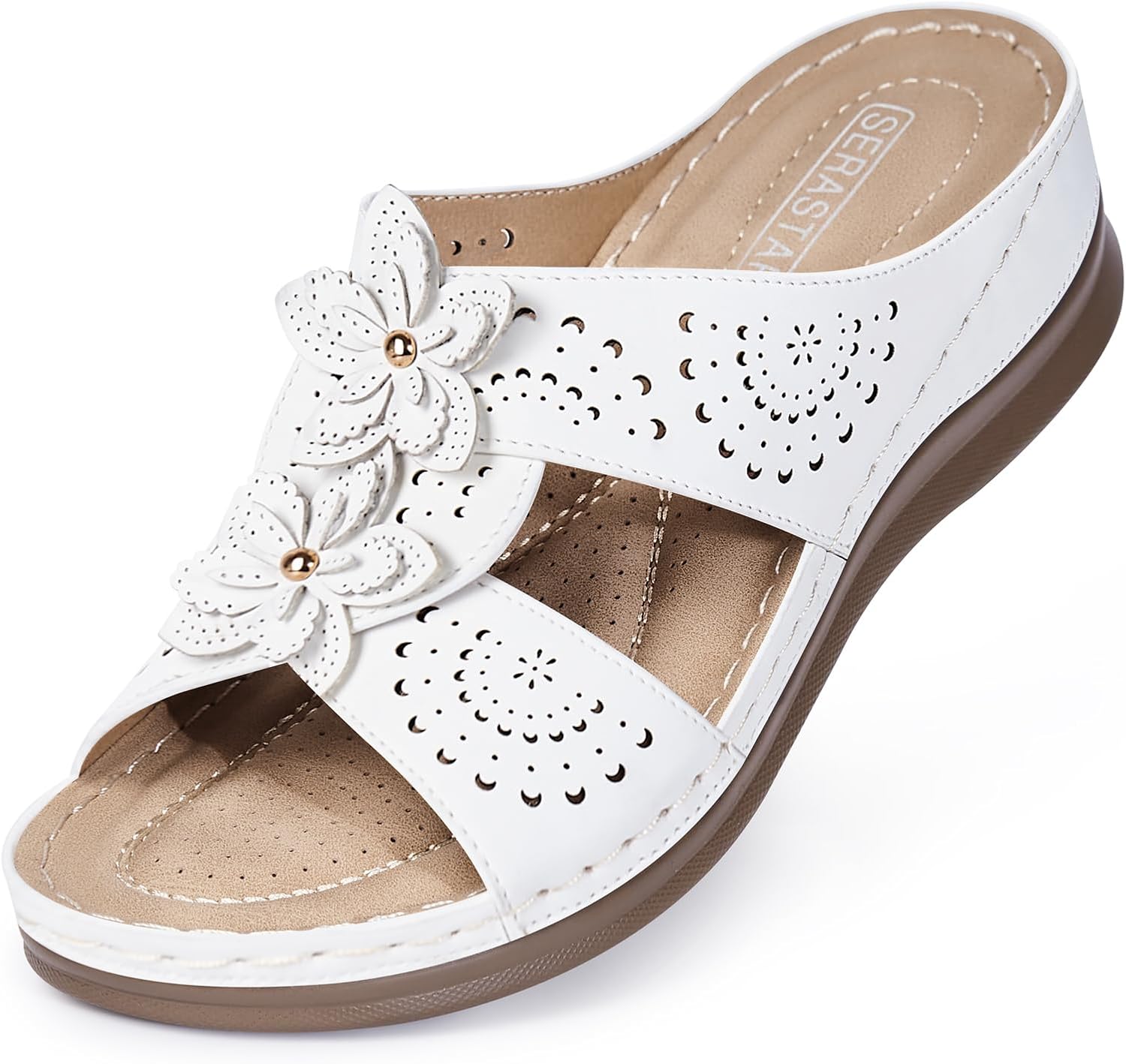 Dressy Flat Sandals for Women – Arch Support Comfortable Walking Slip on Summer Casual Beach Wide Width Flower Womens flats Slide Sandal Shoes