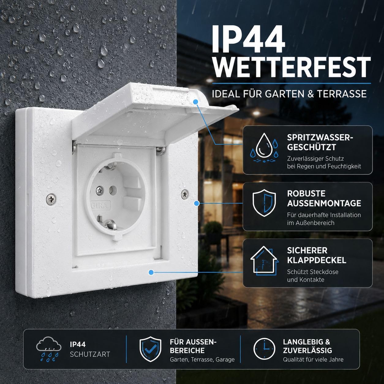 Gira TX44 Außensteckdose weiss 1-fach mit Rahmen, Dichtungsflansch & Montageset, IP44 Unterputz Steckdose für Außenbereich, wetterfeste Schuko Steckdose für Garten Terrasse Garage