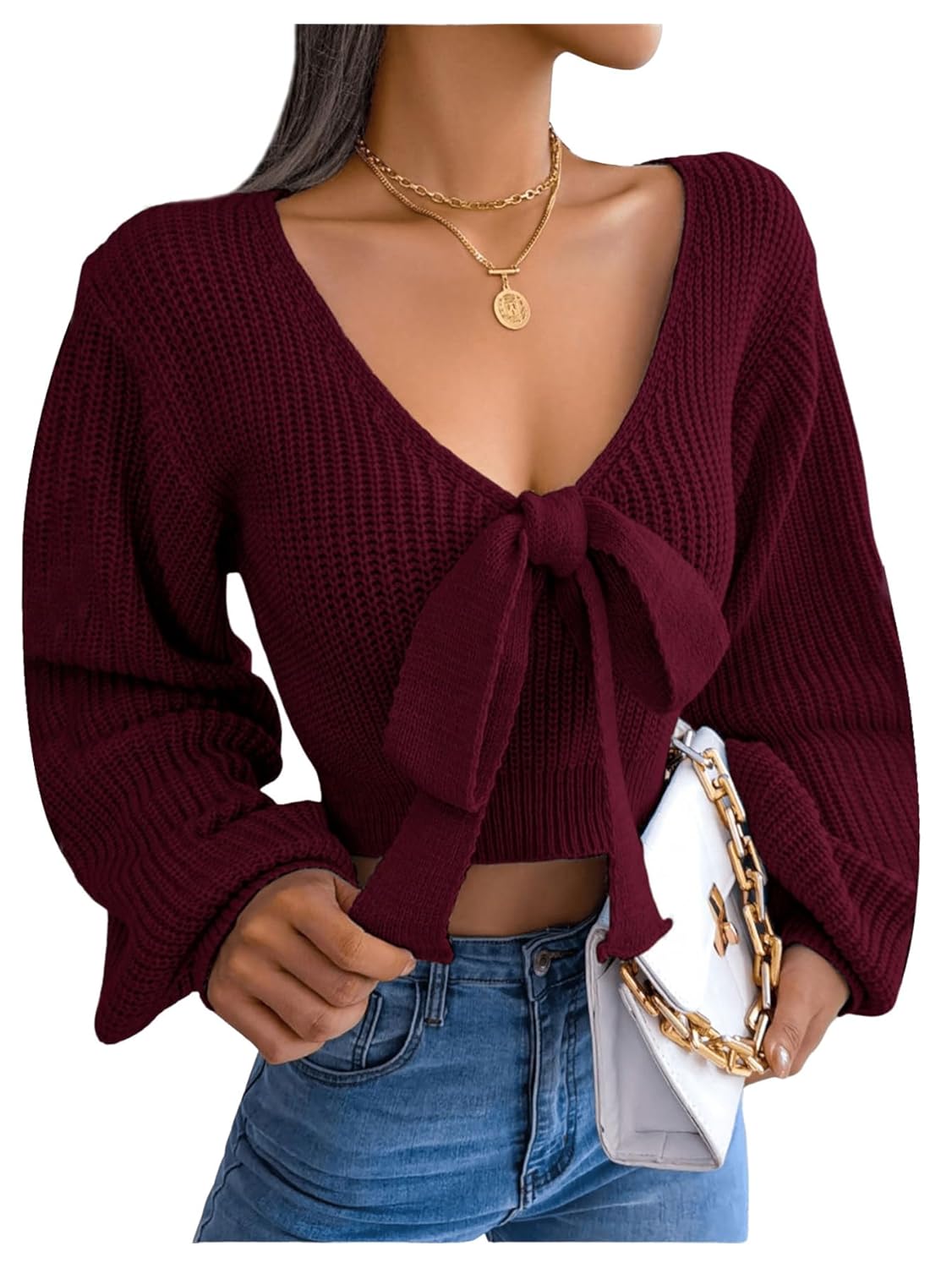 WDIRARA Womens Bow Tie V Neck Crop Sweater Long Sleeve Knit Pullover Tops Knitwear