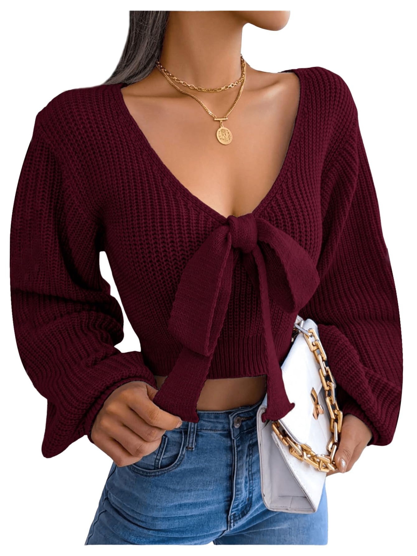 MakeMeChic Womens Christmas Sweater Bow Tie Deep V Neck Lantern Sleeve Crop Pullover Knit Tops