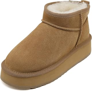 100% Sheepskin Mini Plaftform Boots: Comfy Memory Foam & Anti-Slip Rubber Winter Short Ankle Booties - Shearling Fur Lined Breathable Suede Shoes for Stylish Women Outdoor & Indoor
