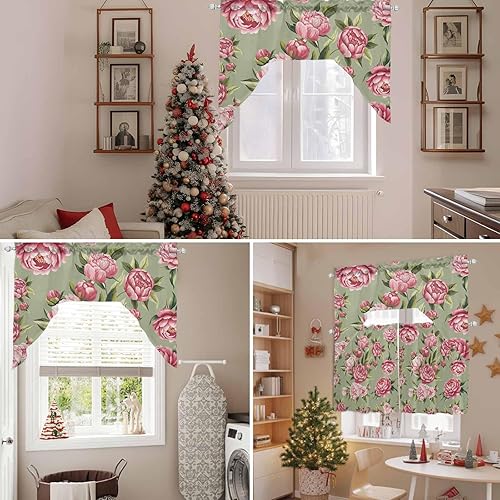 Miniatura 8 de Juego de cortinas de cocina con festón floral verde salvia, cenefa y nivel, 24 pulgadas de largo, diseño retro de flores rosa pastel, cortinas