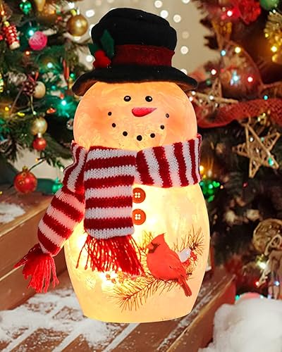 Miniatura 6 de Bdor Decoración navideña de muñeco de nieve de 6.3 pulgadas con bufanda cardenal y roja, figura de muñeco de nieve de cristal con brillo cálido para
