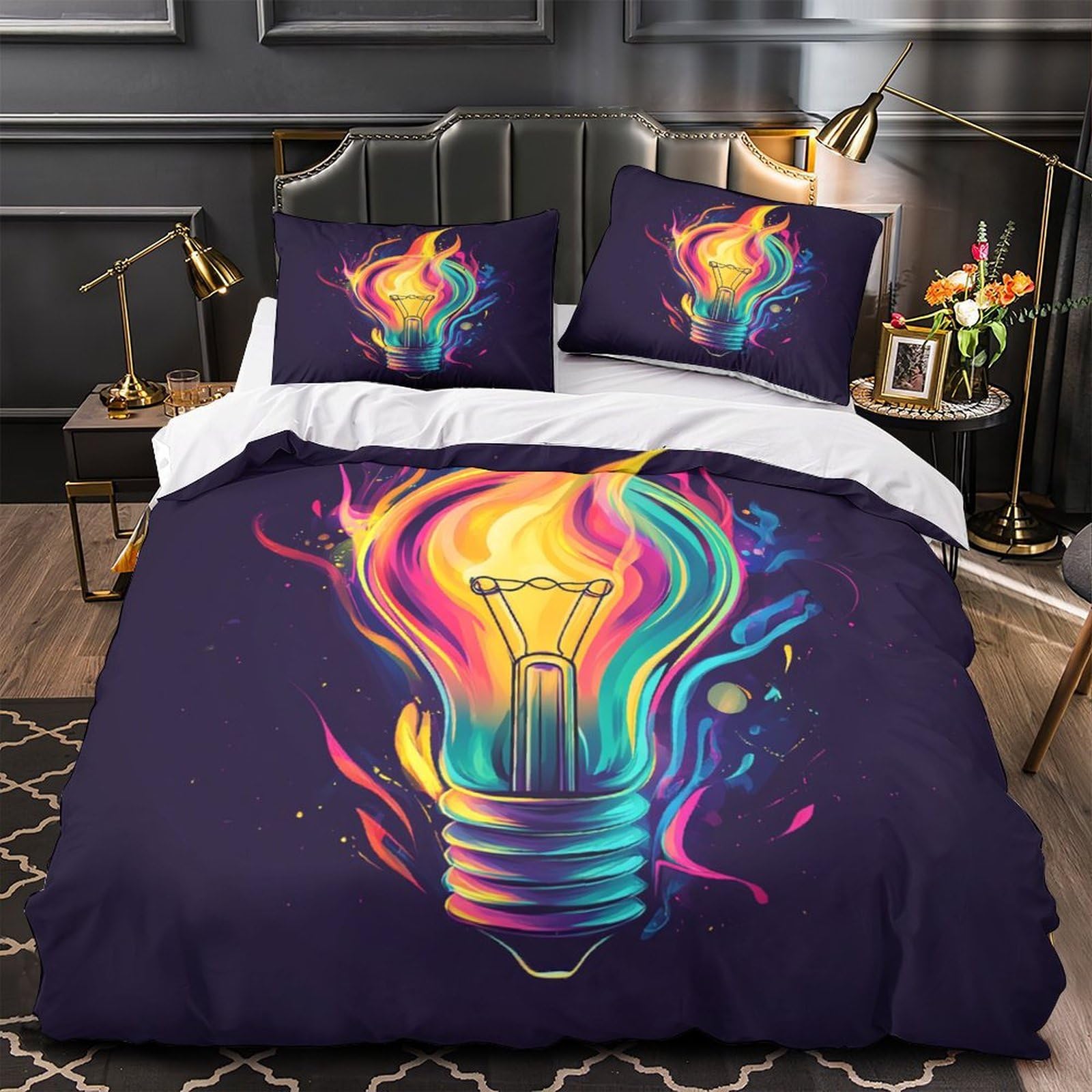Housse de couette 3D ampoule 220x240 cm en microfibre avec ses 2 taies d'oreiller