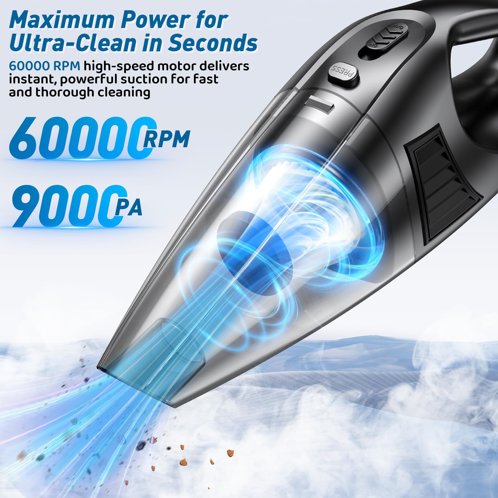 Aspirador Portátil Inalámbrico, 120 W, 9000 Pa, Potente, con Batería de 3600 mAh, Recargable, para Limpieza de Hogar y Coche