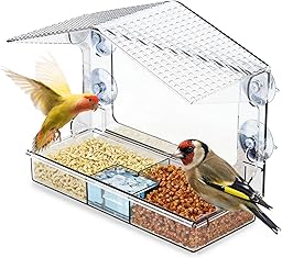 Window Bird Feeder, Clear Outdoor Bird House with 4 Strong Suction Cups & Removable Seed Tray, 3 Compartment Design with Drainage Holes, Ideal as a Birdwatching Gift, Outdoor Bird Feeder, and Garden D