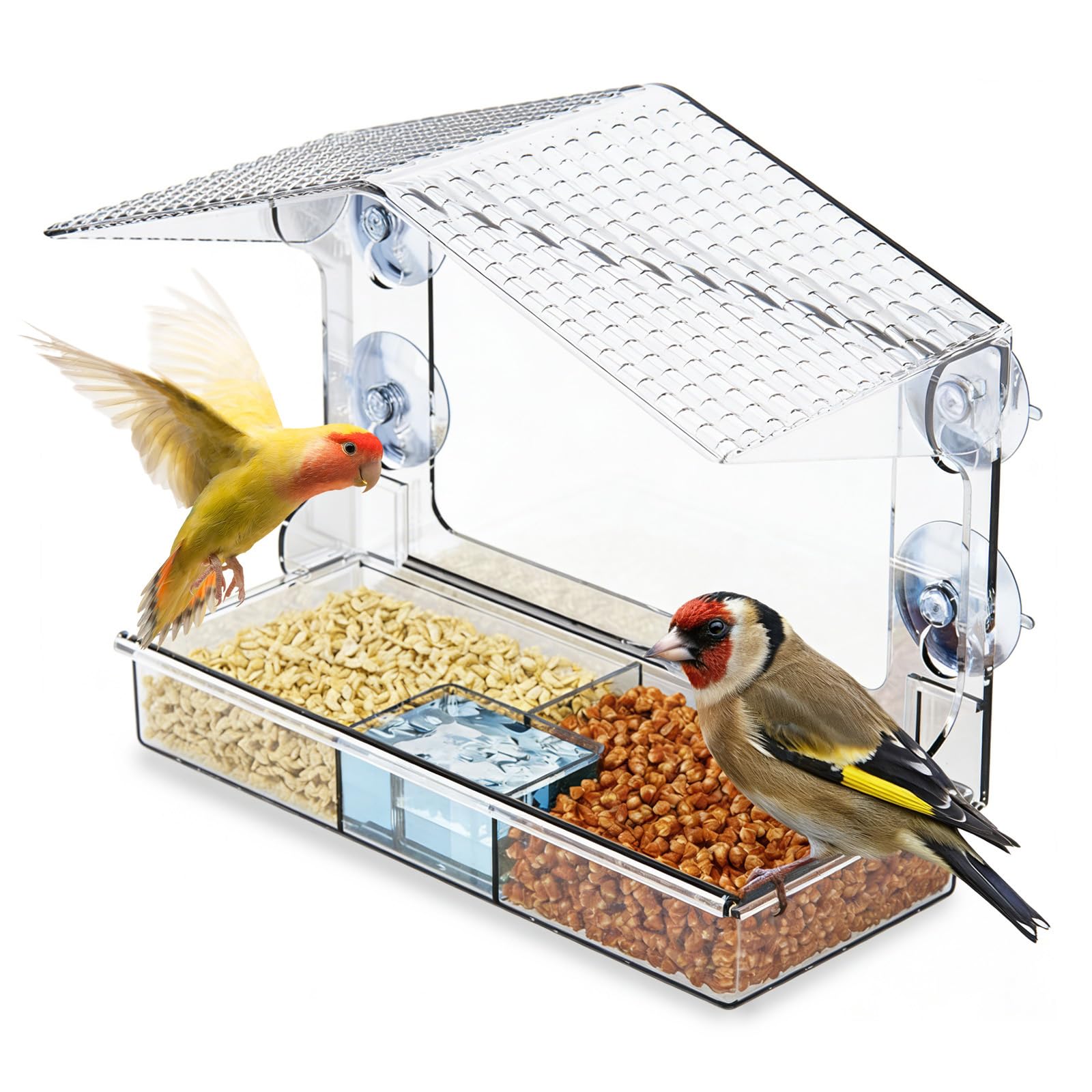 Window Bird Feeder, Clear Outdoor Bird House with 4 Strong Suction Cups & Removable Seed Tray, 3 Compartment Design with Drainage Holes, Ideal as a Birdwatching Gift, Outdoor Bird Feeder, and Garden D