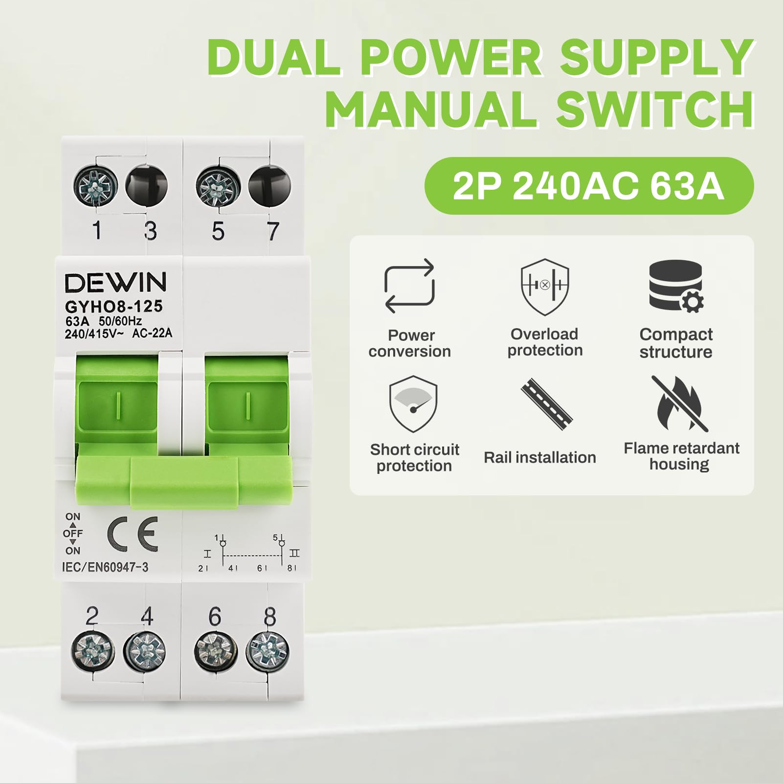 DEWIN Transferschalter 2 Polig, Transferschalter Hutschienen Manueller Transferschalter Dual Power Transfer Isolation Switch 2P 63A AC 230V