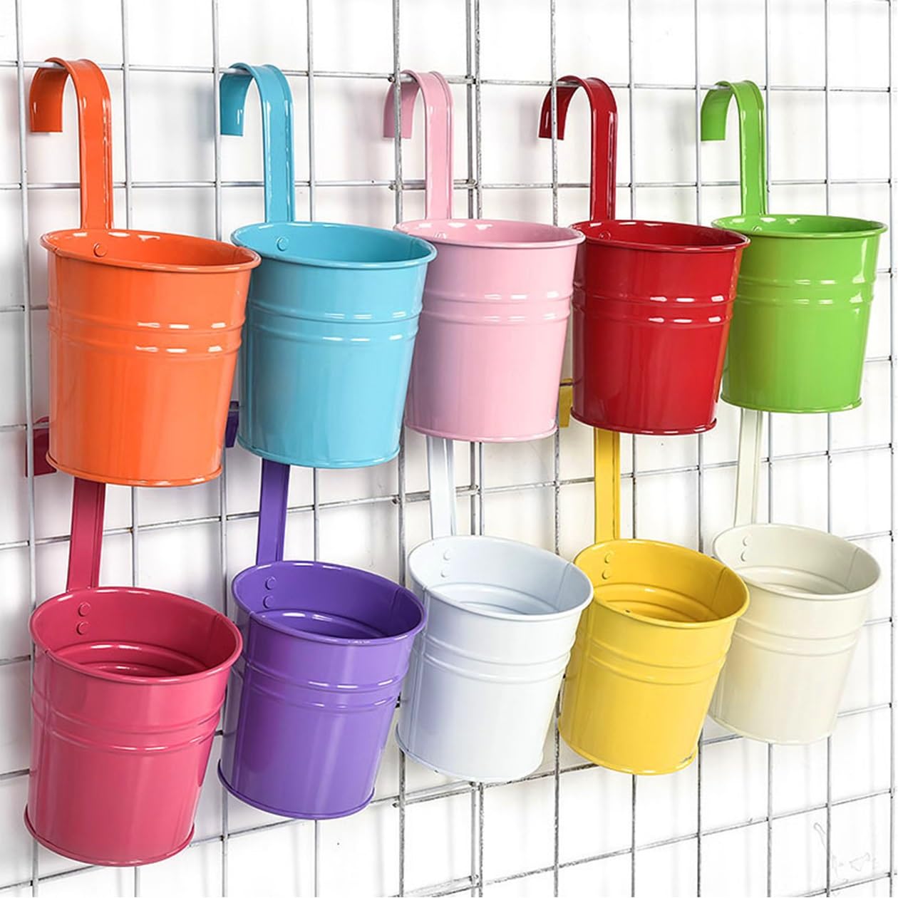 10PCS Vintage Hanging Flower Pots Metal Iron Bucket Planter Plant Pots with Detachable Hook for Fence Balcony Garden Wall Home Decor Outdoor Patio, with Drainage Hole