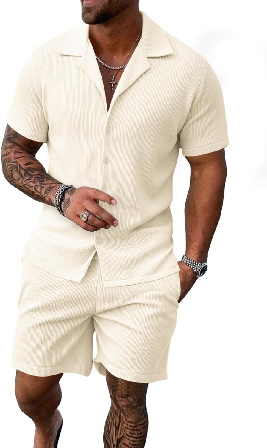 UOUA 2 Piece Short Sets for Men Summer Beach Outfits Stripe Texture Button Down Shirts & Shorts Casual Vacation Set