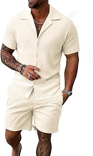 2 Piece Short Sets for Men Summer Beach Outfits Stripe Texture Button Down Shirts & Shorts Casual Vacation Set