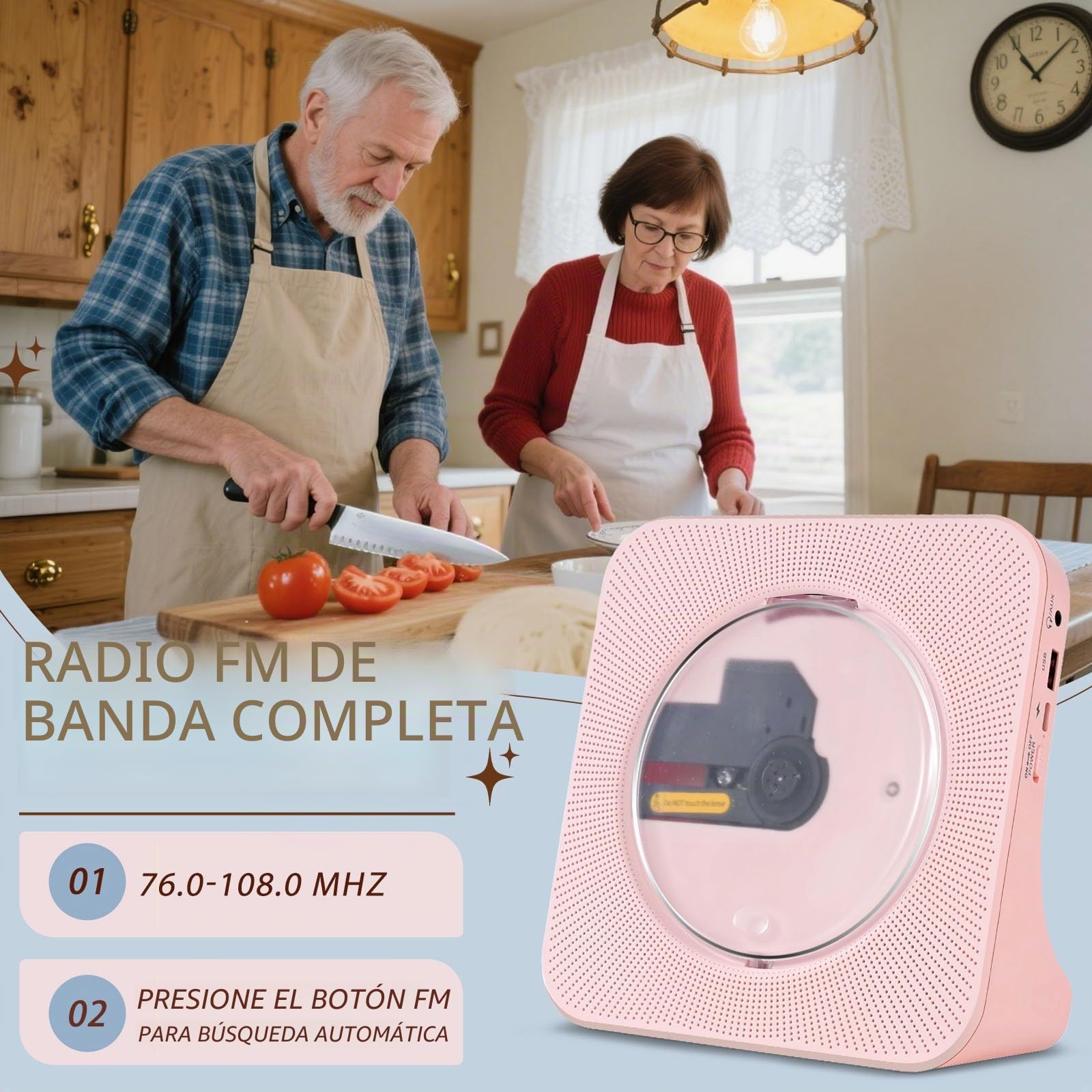 Reproductor de CD Rosa, Radio Reproductor de CD HiFi, CDs Player Bluetooth, USB, Entrada/Salida AUX, Reproductors CDs con Control Remoto