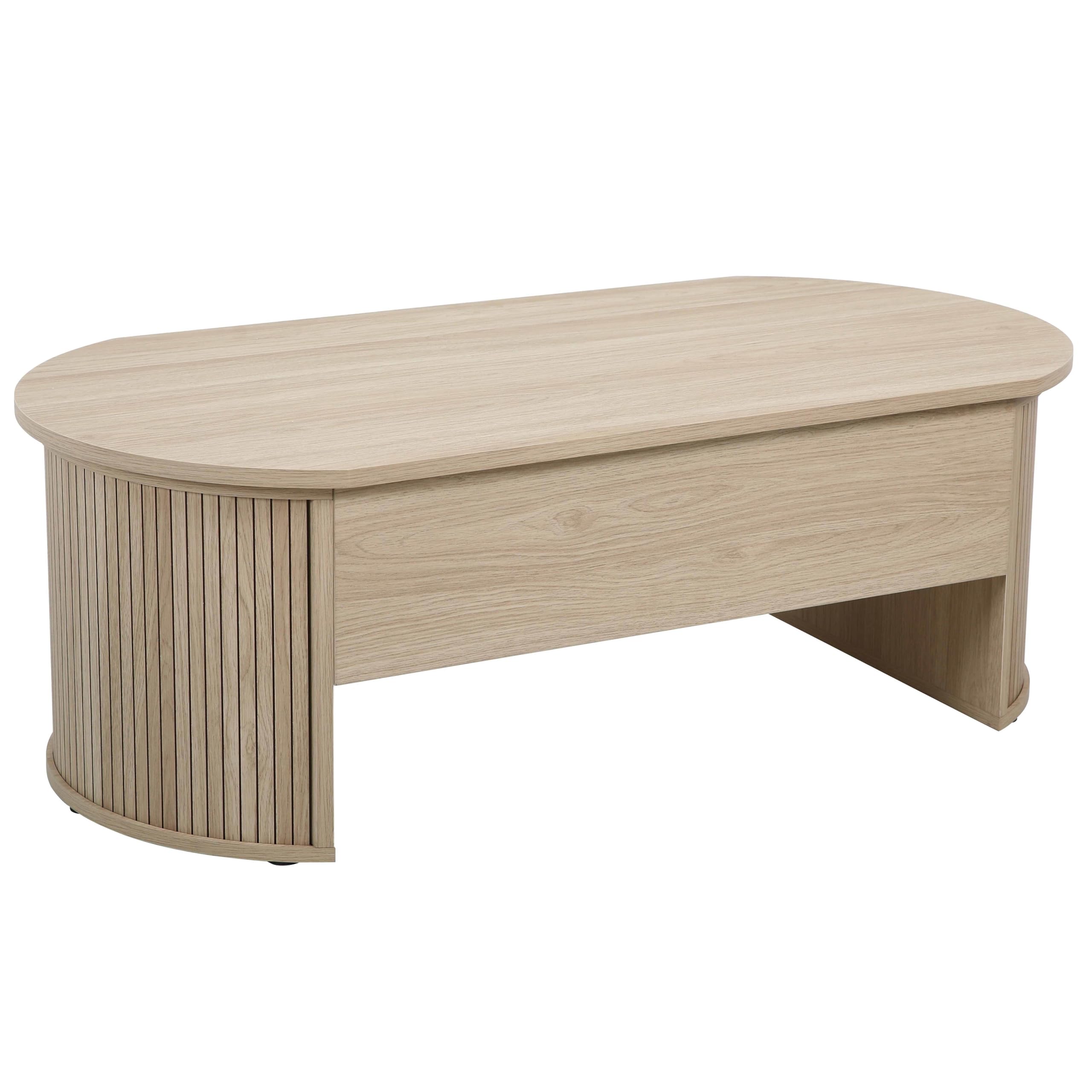 Oviala - Mesa baja ovalada con tapa elevable, efecto madera clara