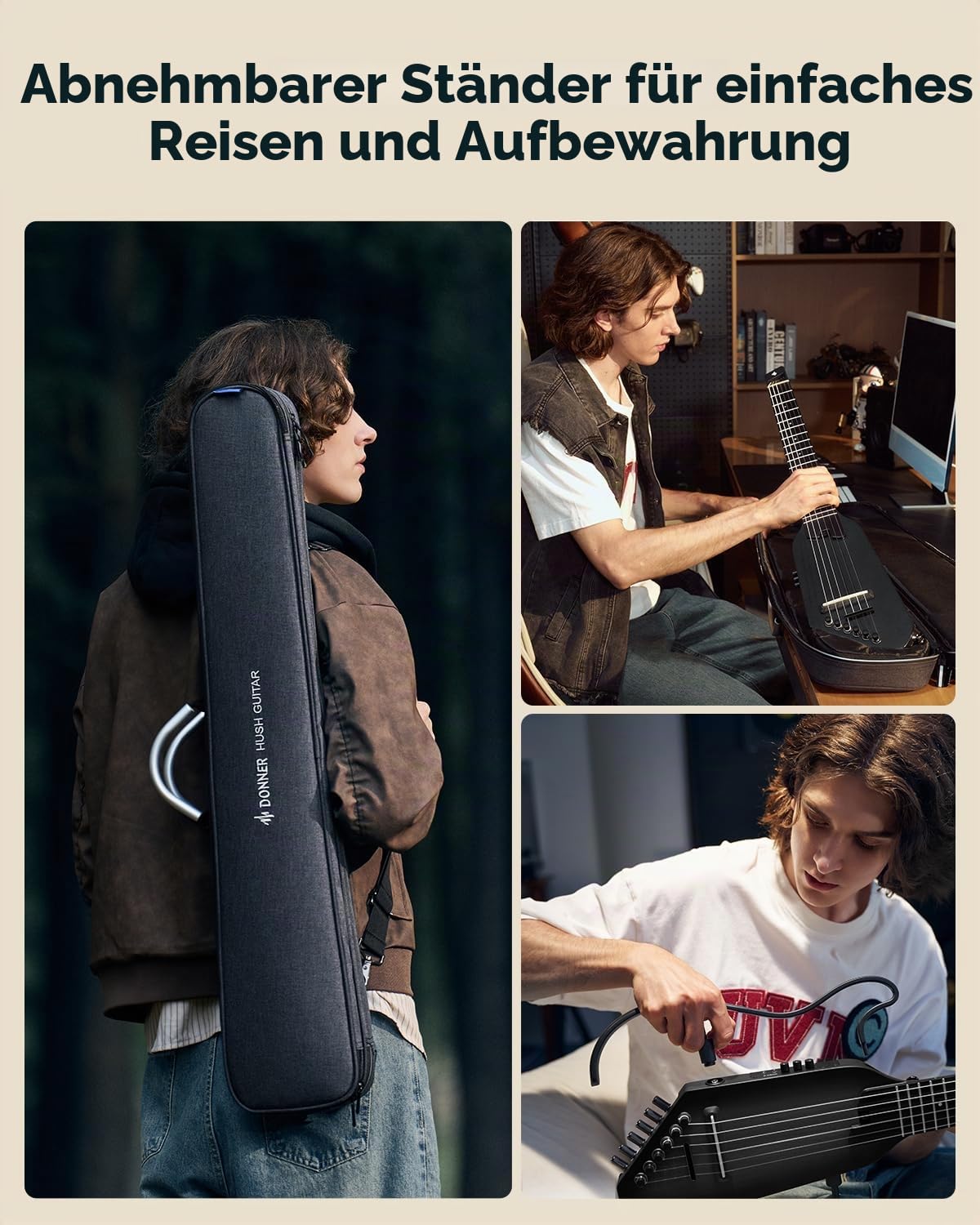 Donner HUSH-C Nylon-Saiten Reisegitarre, Akustik-Elektrik Gitarre, Ultraleichte Silent-Gitarre für leises Üben, mit Kopfhöreranschluss, integriertem Stimmgerät & Tasche, Schwarz