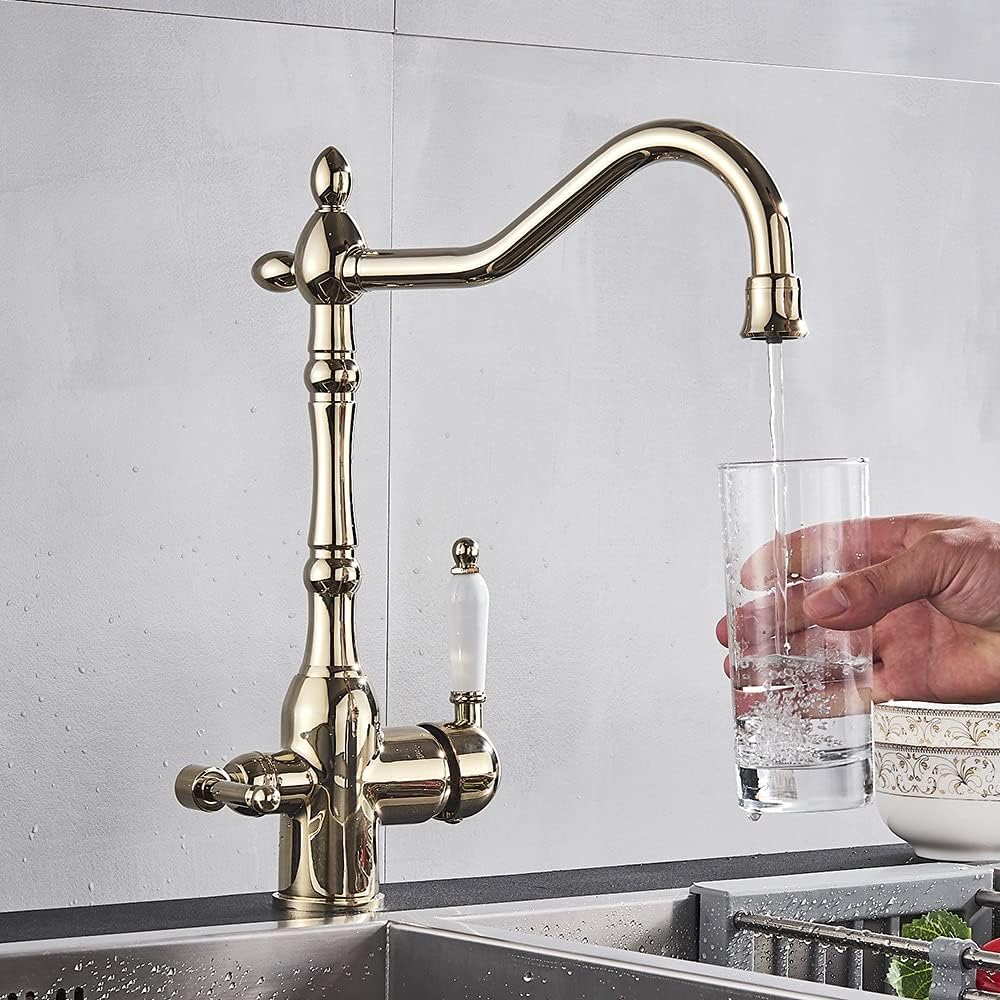 Kitchen Sink Faucet for Bar Farmhouse Commercial, Kitchen Water Filter Kitchen Faucets, Dual Spout Filter Faucet, 360 Degree Rotation Water Purification Feature Mixer Taps (Color : Gold)