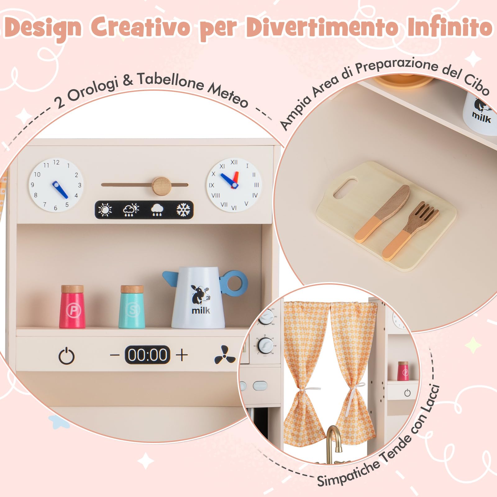 COSTWAY Set da Cucina per Bambini, Cucina Giocattolo in Legno con Microonde, Macchina del Caffè, Cucinetta Giocattolo con Tende, per Bambini 3+ Anni (Rosa)