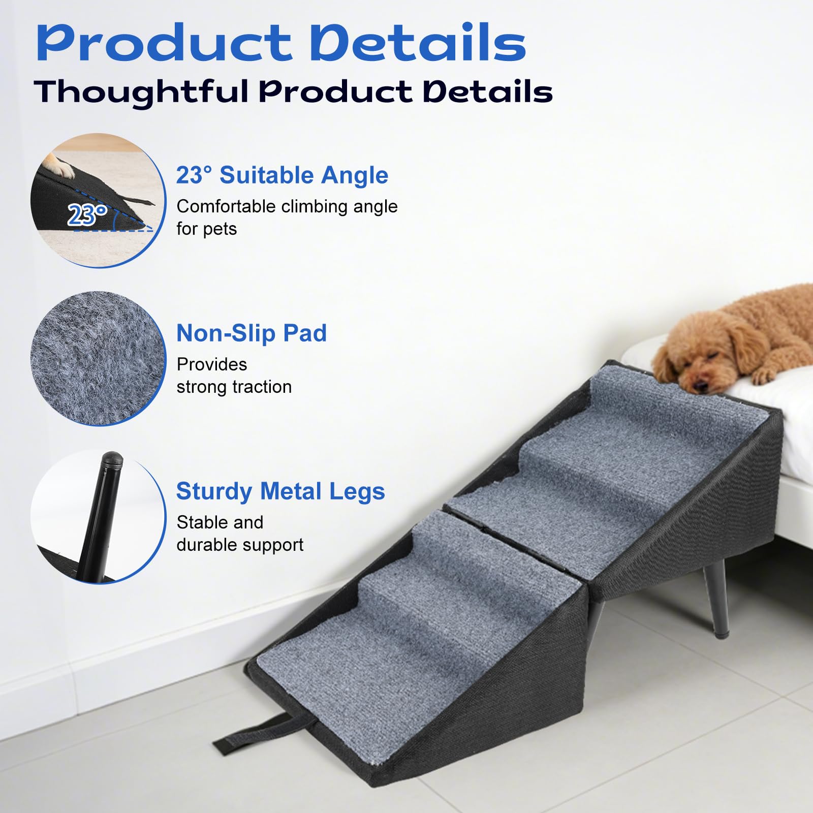 Escalier Pliable pour Chien et Chat Petite Taille, Marchepied Antidérapant | Revêtement en Coton et Lin, Pieds en Métal Stables, Escalier Pliable pour Canapé et Lit, Cadre en Bois, 74,5 × 27,5 × 34 cm