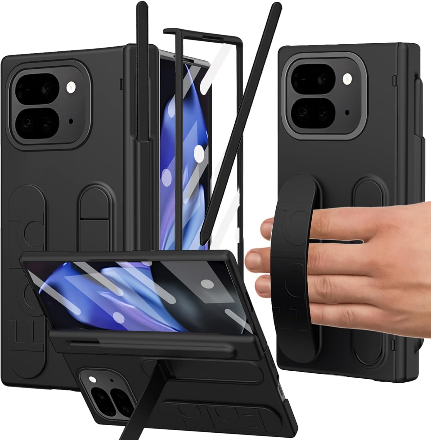 for Google Pixel 9 Pro Fold Case with S Pen Holder & Stylus, Hand Strap Phone Case with Hinge Protection, Screen Protector, Kickstand, Wrist Strap Cover for Google Pixel 9 Pro Fold Black