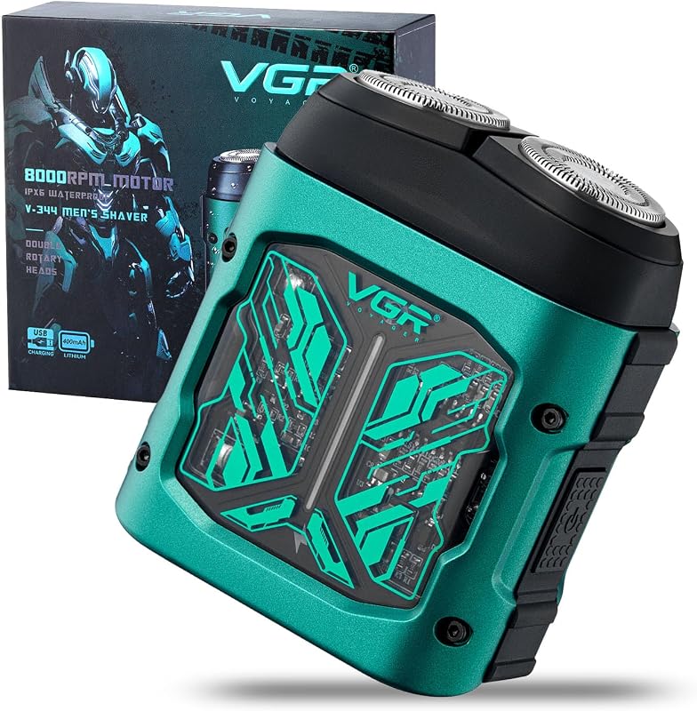 VGR 344 Mini Electric Shaver for Men with Dual-Ring Rotary Heads, Green | 8000 RPM; IPX6 wet/dry; 400mAh battery; 60min runtime; 1hr charge; magnetic cutter; LED; travel pouch