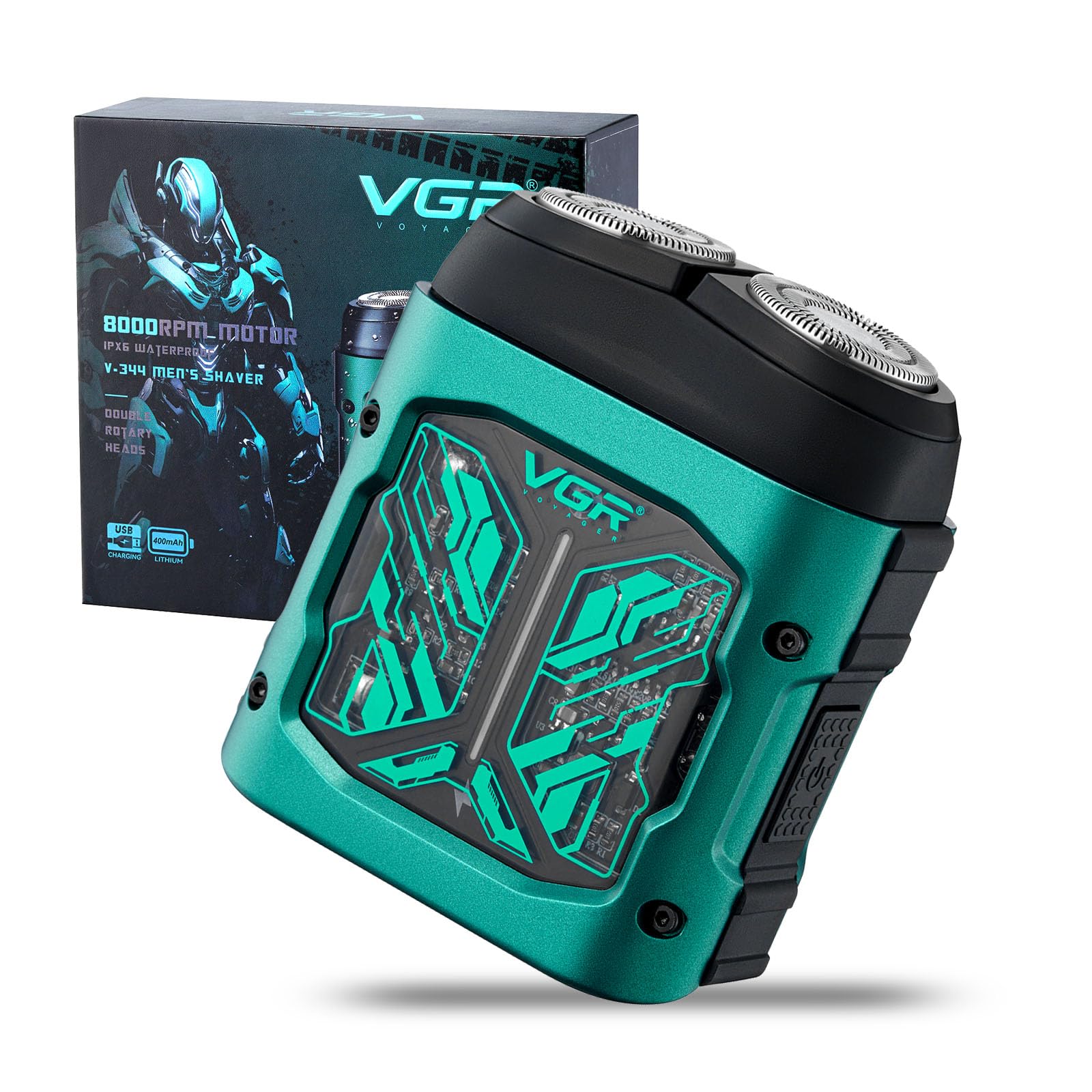 VGR 344 Mini Afeitadora Electrica Hombre, Afeitadora Electrica Hombre Portátil de Viaje con Cuchillas Giratorias Dobles Magnéticas Para Una Fácil Limpieza, Resistente al Agua IPX6, Carga USB, Verde