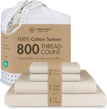 Threadmill 800TC Cotton Queen Sheet Set, Sateen, Solid, Light Beige, 4-Pc | 100% Cotton, Sateen Weave, 4-Piece Set, 16" Deep Pocket, OEKO-TEX Certified, Machine Washable
