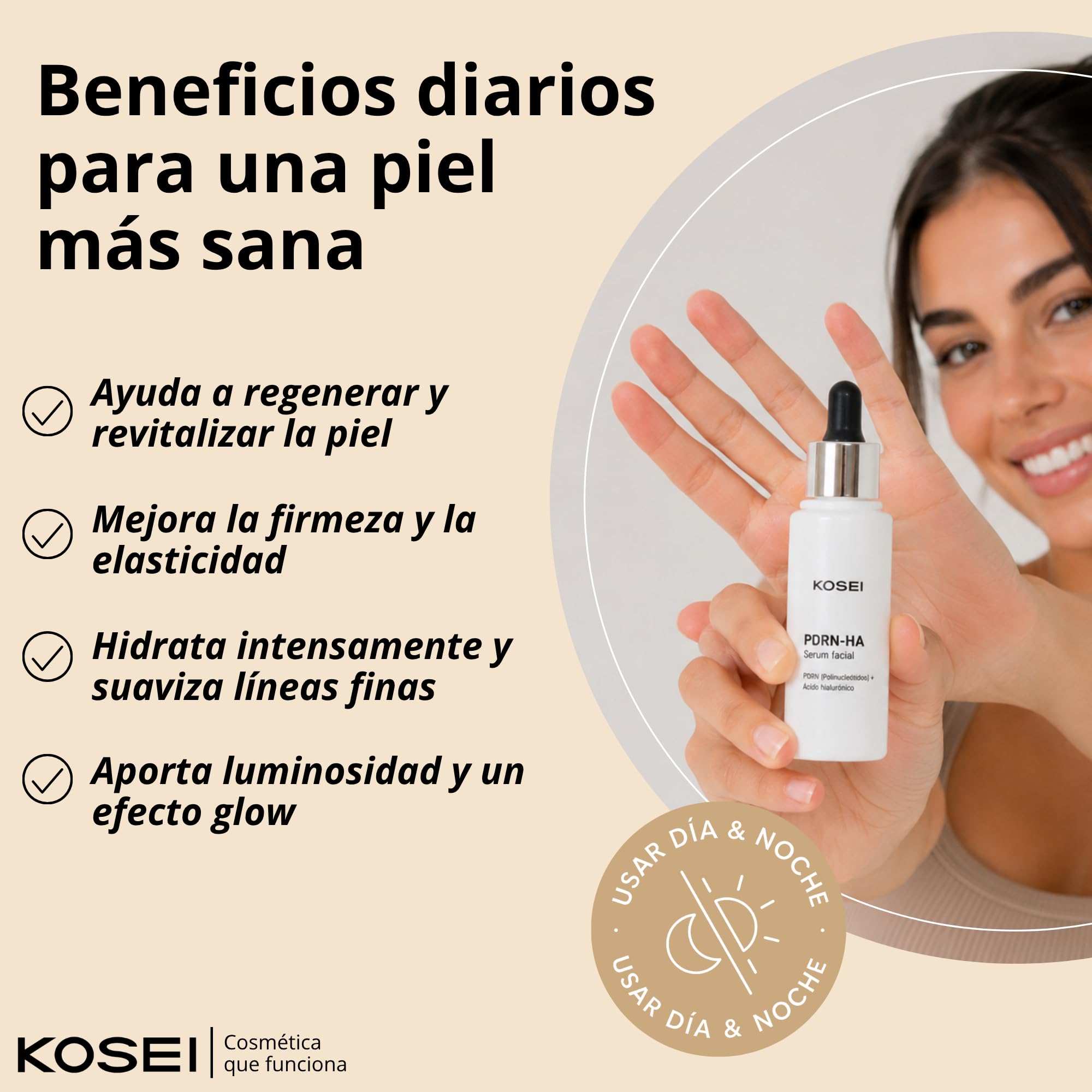 KOSEI | PDRN-HA Serum Facial Antiarrugas | Con PDRN de Salmón y Ácido Hialurónico | Regenera, Reafirma e Hidrata | Efecto Glow | 30 ml