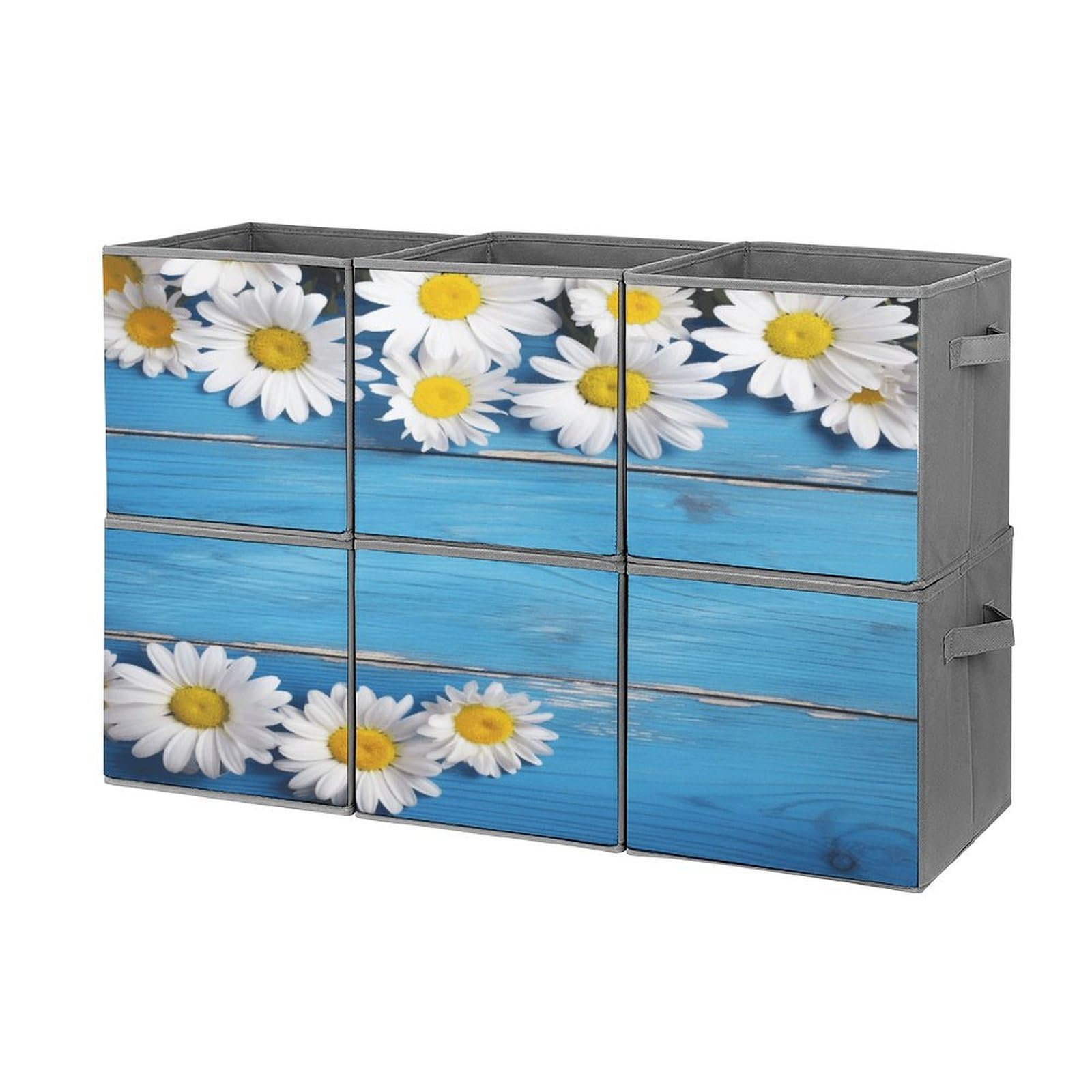 Btcowzrv Style Daisy Flowers Blue Wooden Storage Cubes, 6 Pack Oxford Fabric Foldable Collapsible Bins With Handles, Cubby Storage Baskets Boxes For Closet Shelves Office Organization